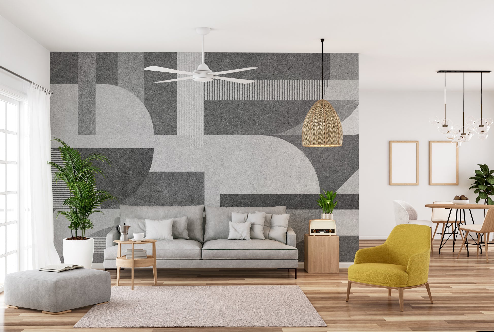 Modern gray grunge tile mural featuring geometric patterns.
