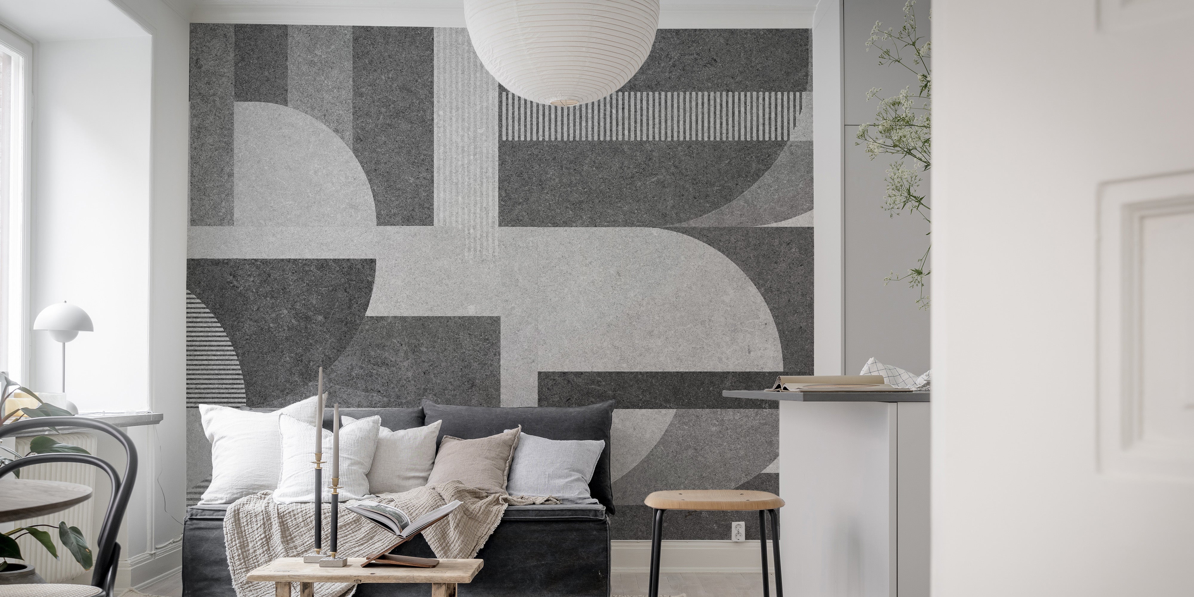 Industrial-style gray grunge geometric tile wall mural.
