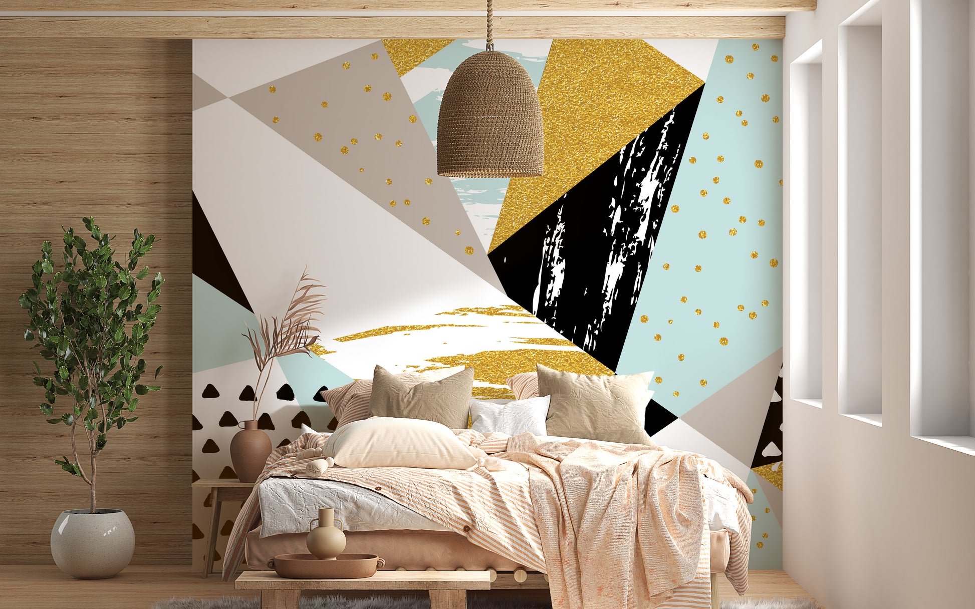 Abstract triangle wall mural creating a modern design statement.
