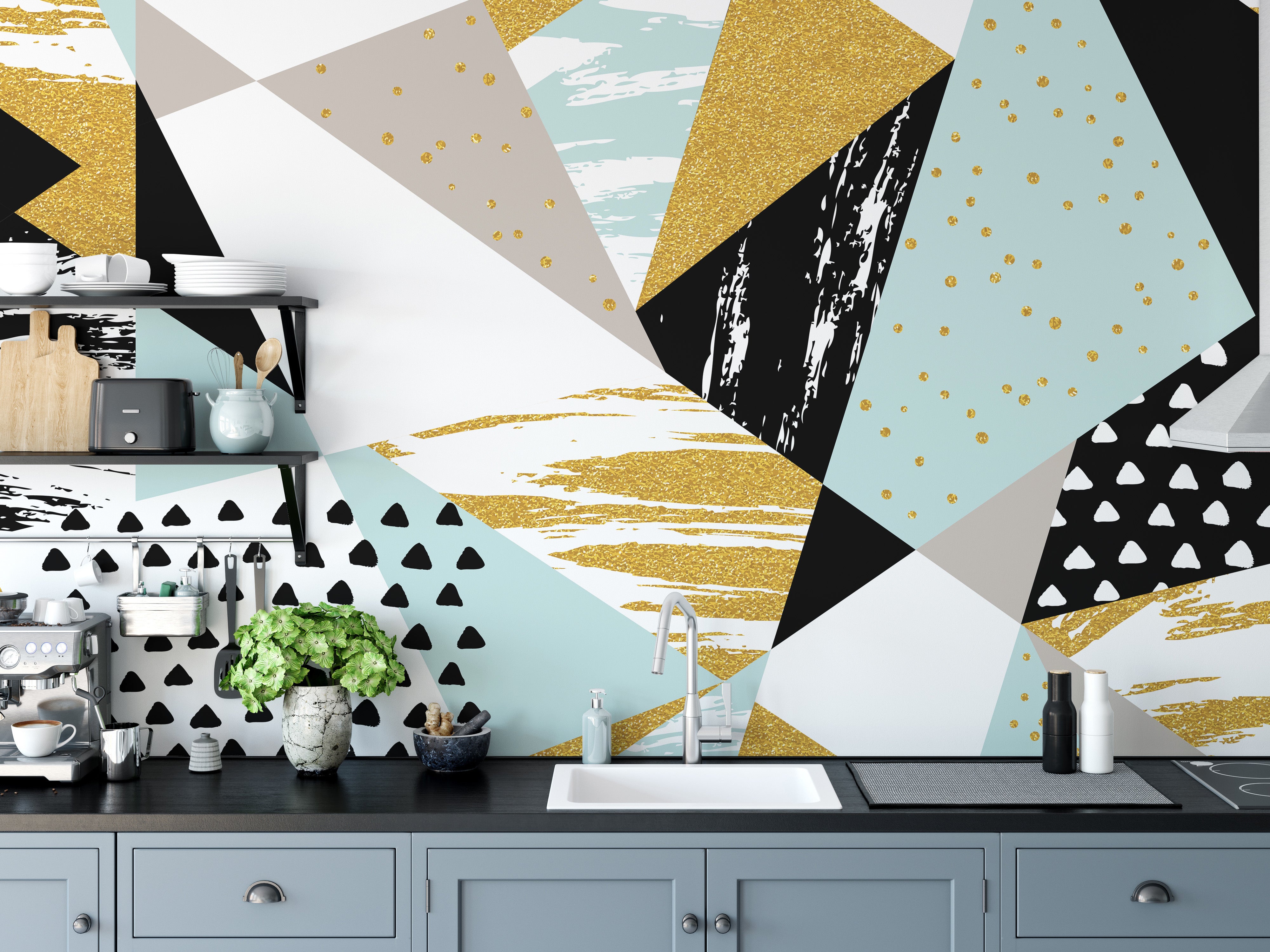 Bold triangle infusion mural for vibrant interior decor.
