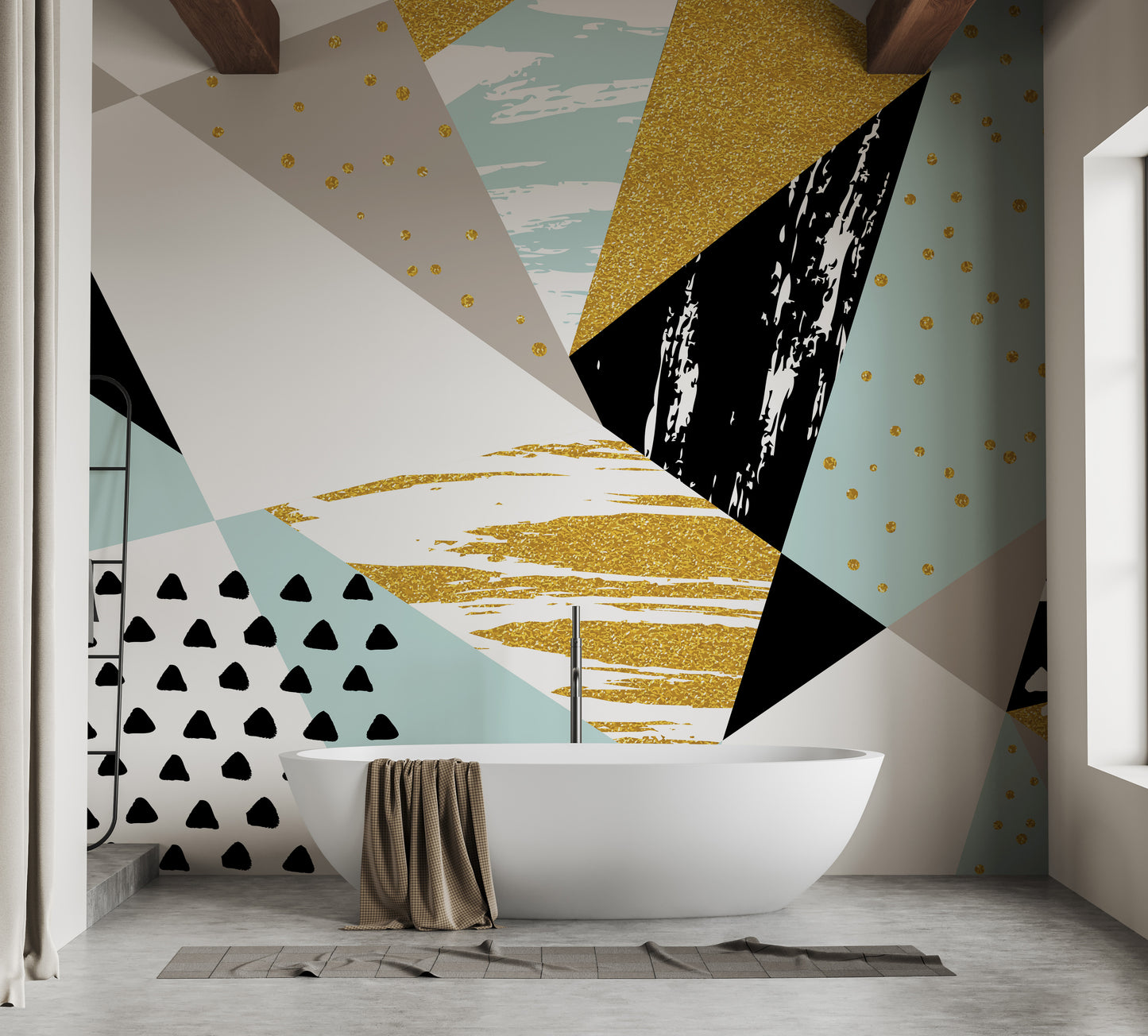 Dynamic abstract triangle mural with infused artistic shapes.
