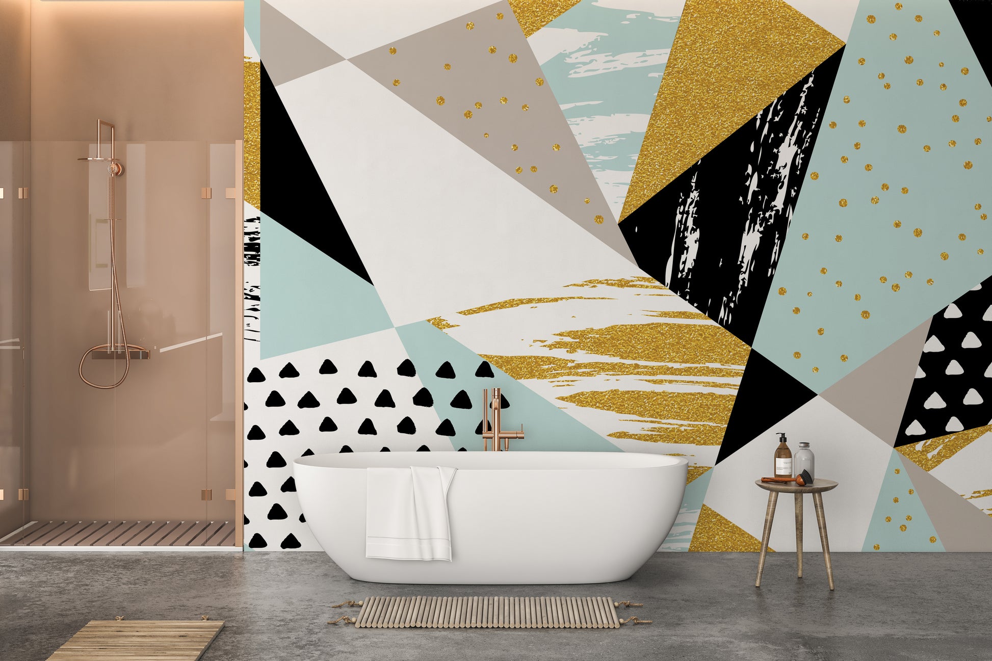 Geometric triangle infusion mural for modern wall aesthetics.
