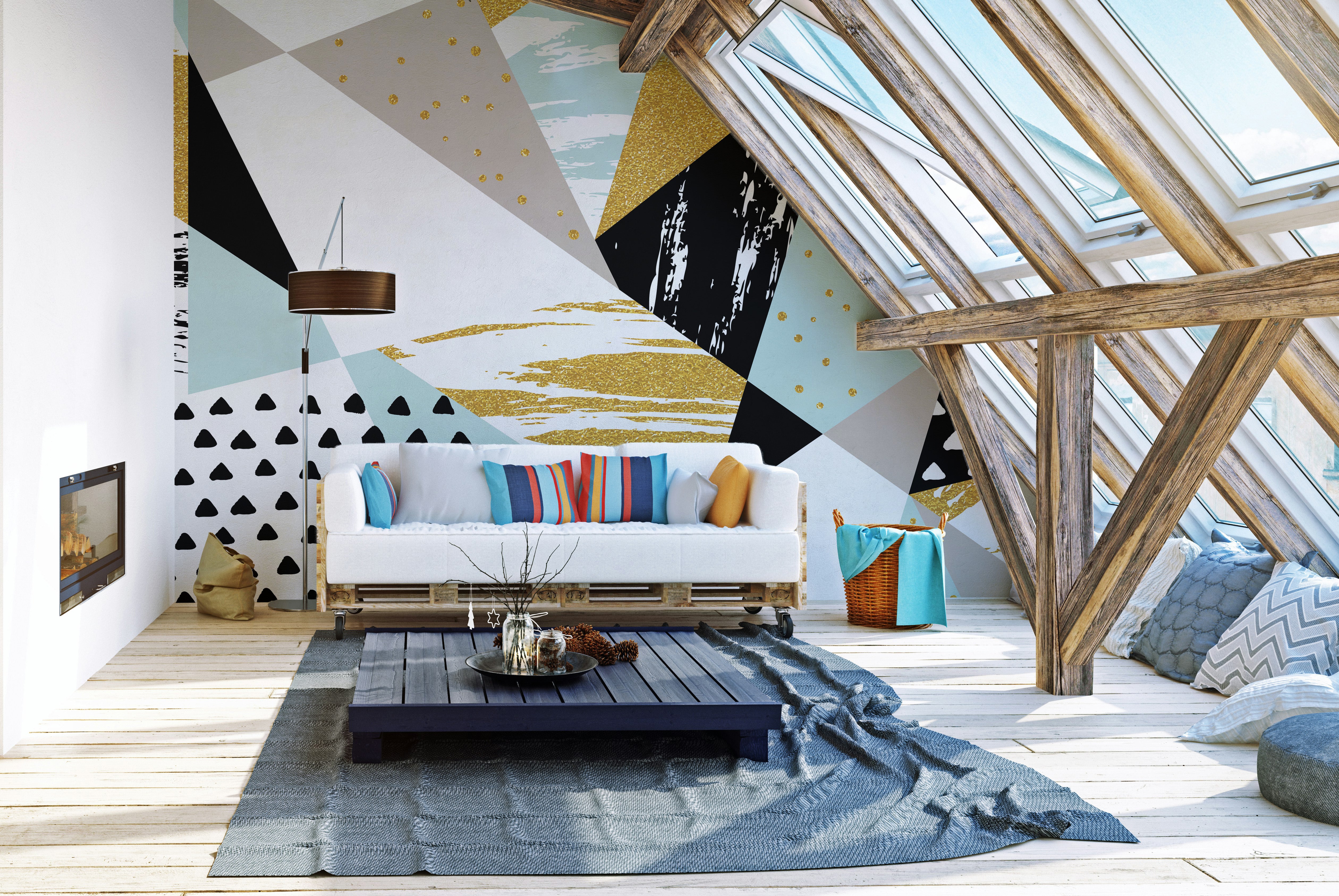 Abstract triangle mural adding energy to contemporary walls.
