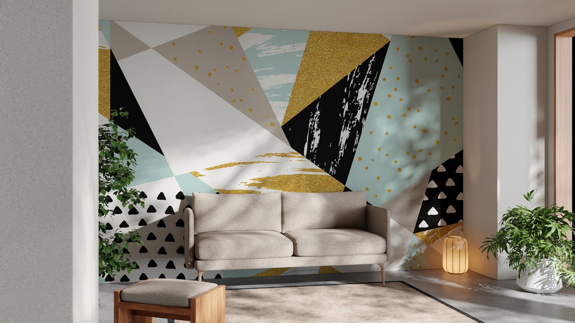 Modern triangle infusion mural with colorful abstract design.
