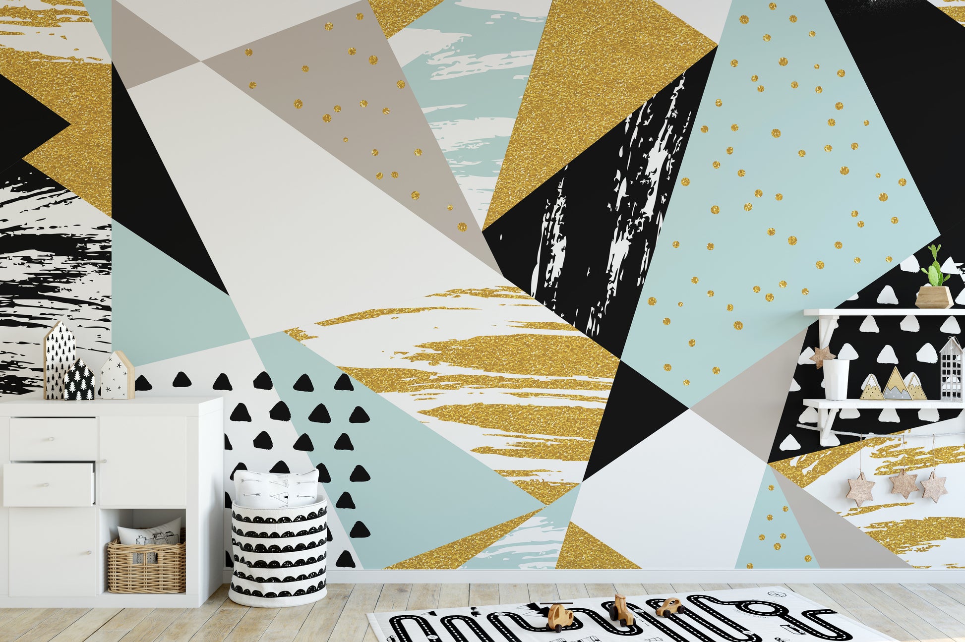 Abstract triangle wall mural featuring bold geometric patterns.
