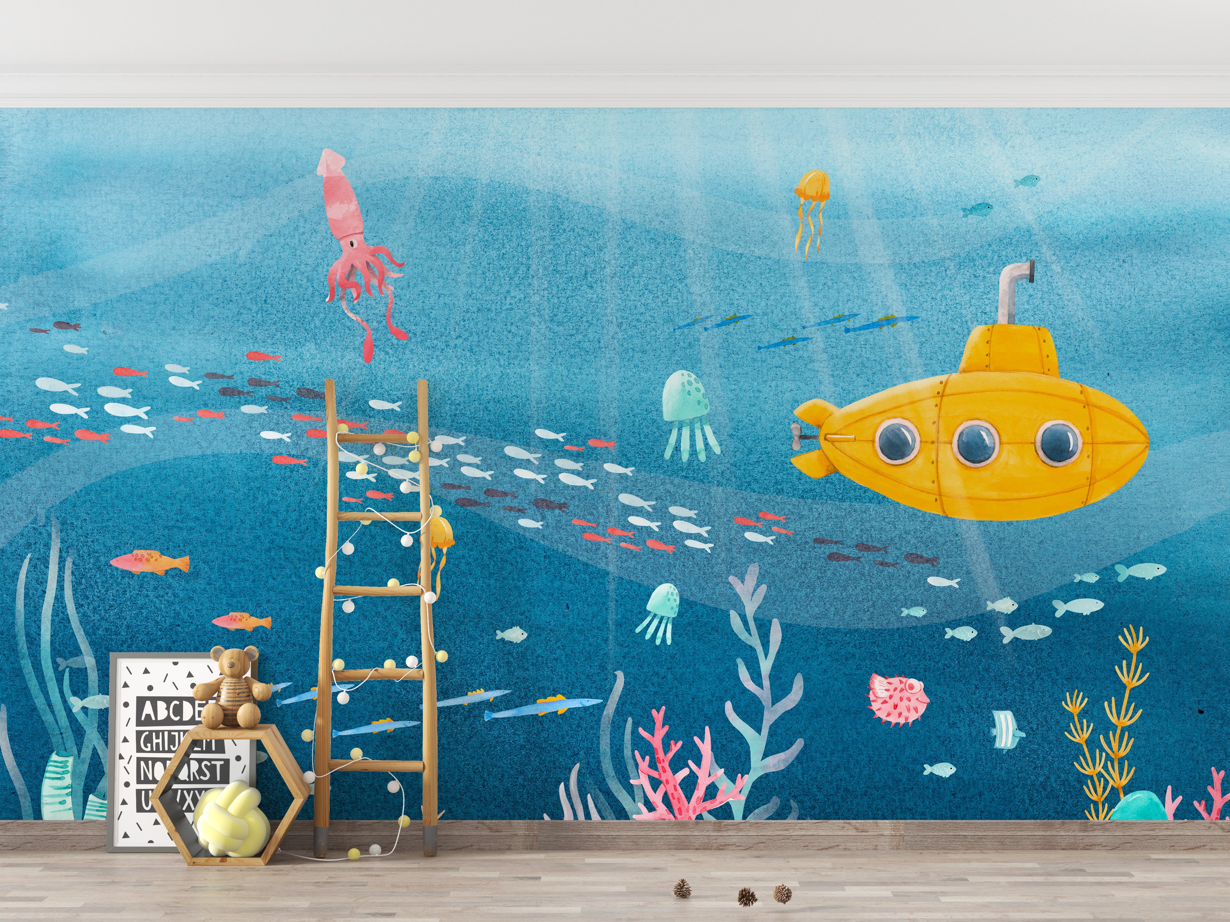 Underwater mural featuring marine creatures and coral habitats.
