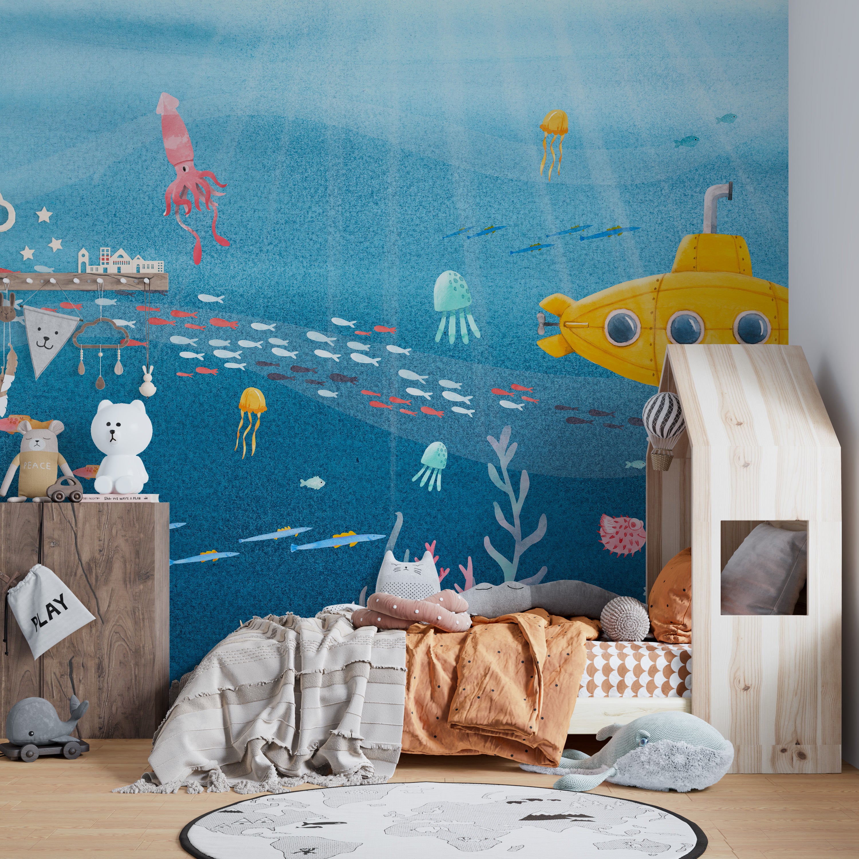 Dynamic sea life wall mural for ocean-inspired decor.
