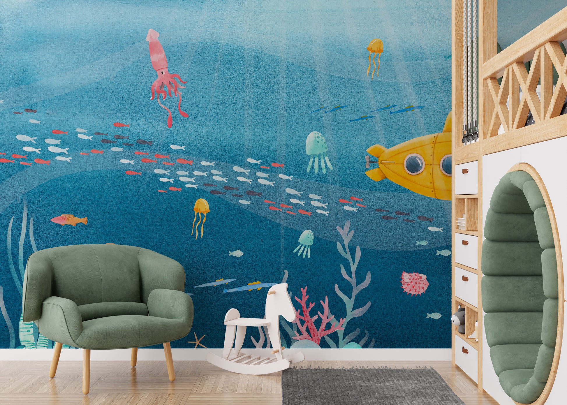 Underwater wall mural with vibrant fish and coral details.
