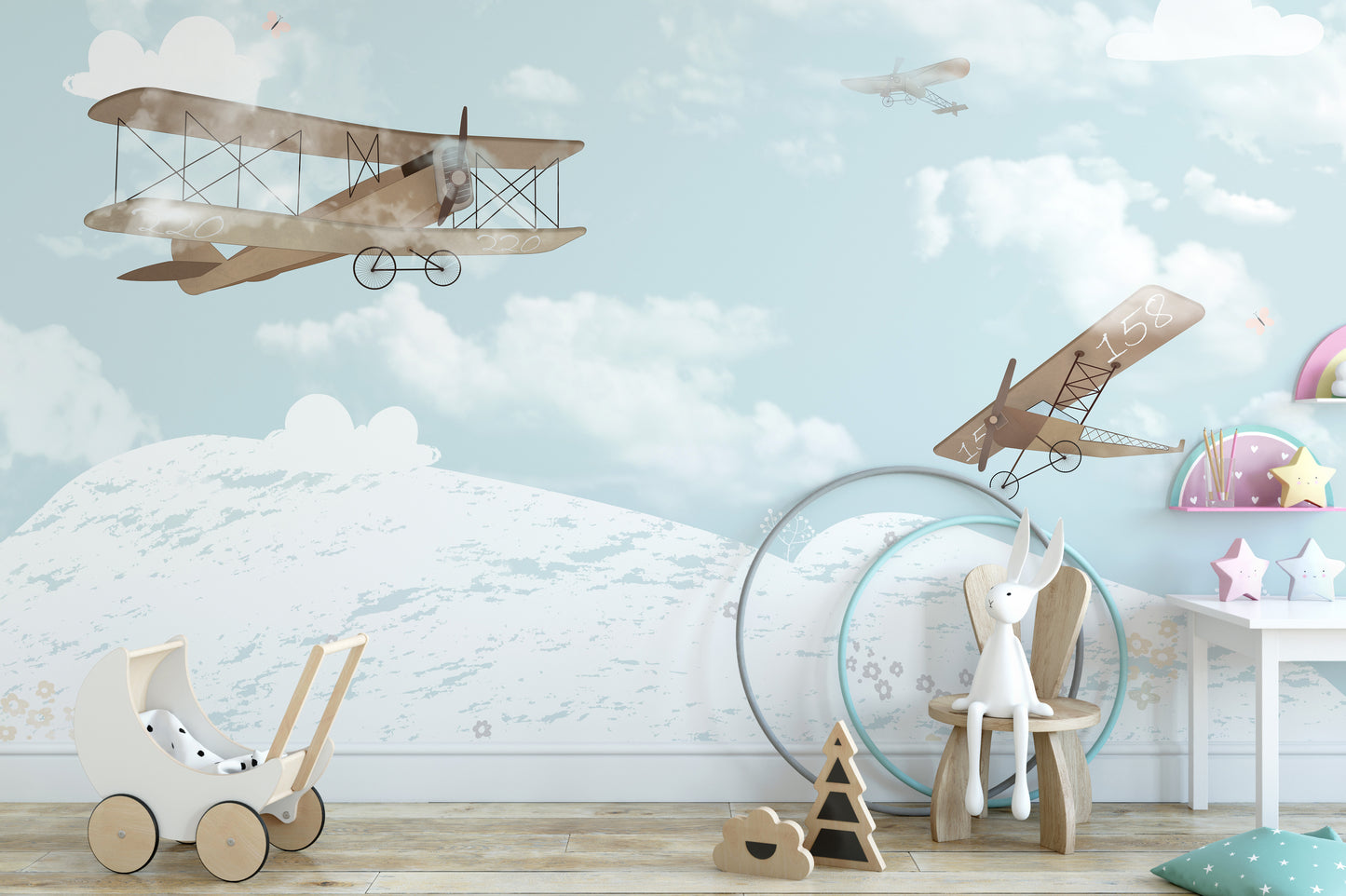 Whimsical sky-themed mural for imaginative kids' rooms.
