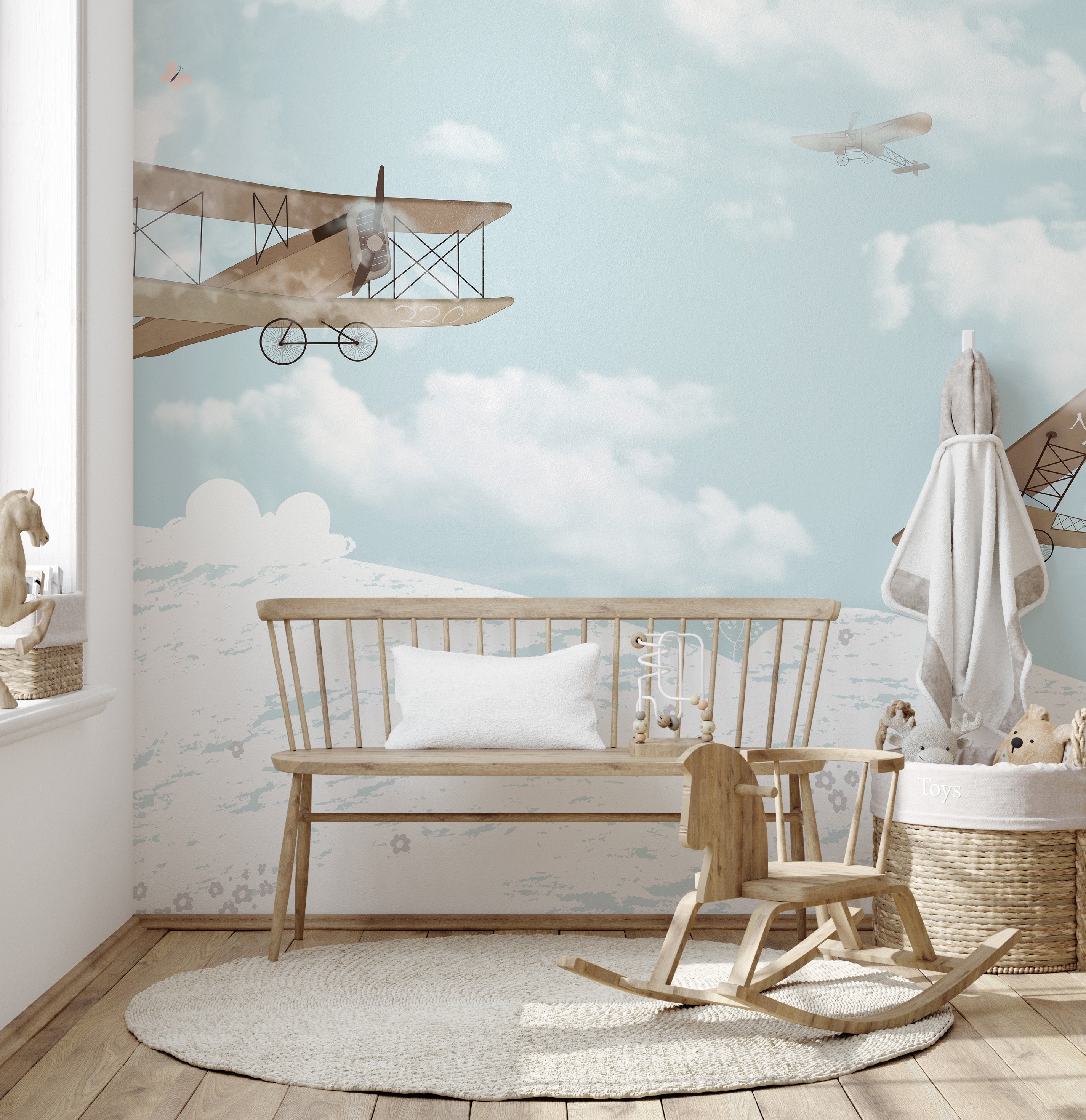 Kids' room mural featuring charming sky adventures details.