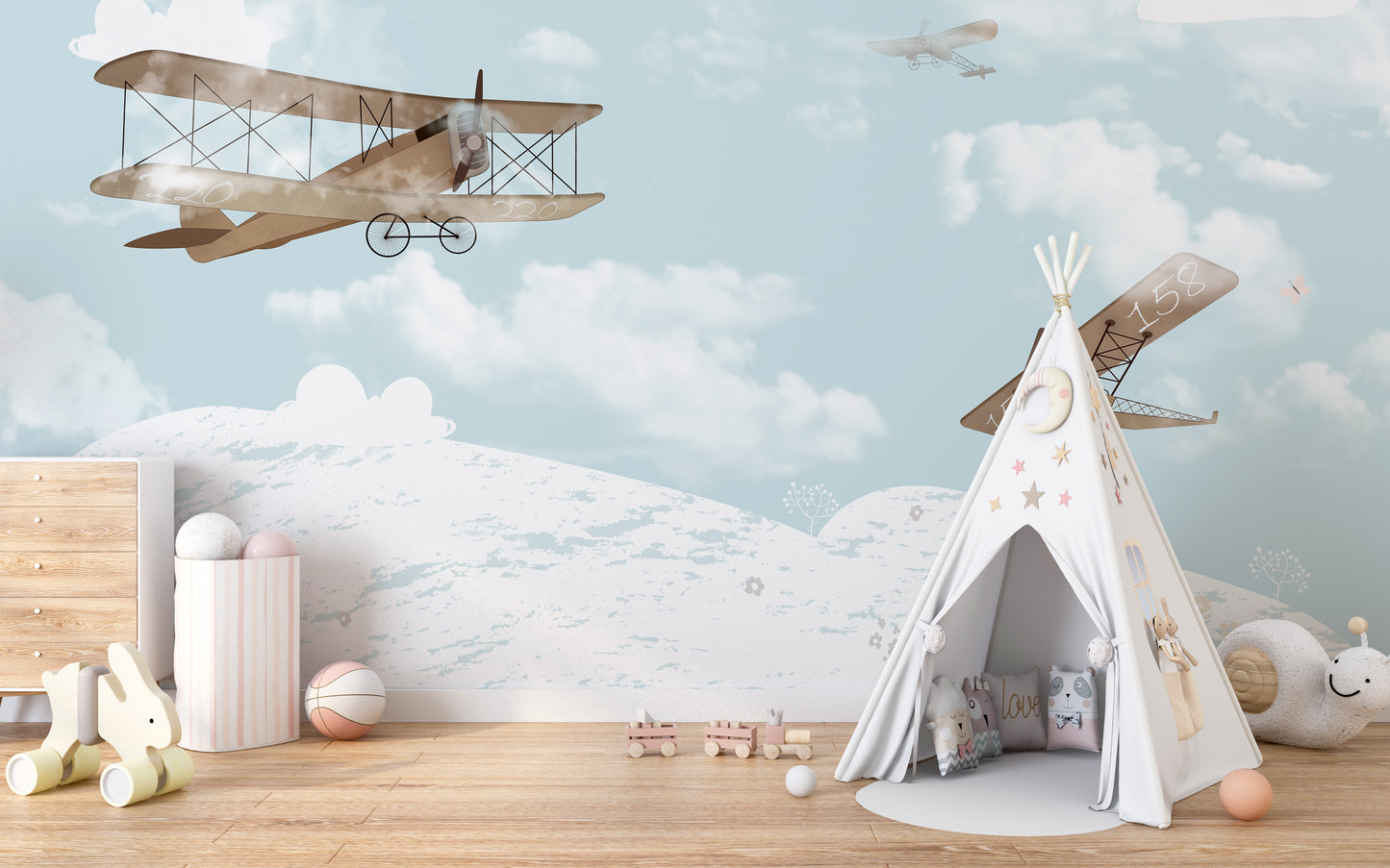 Kids' room wallpaper featuring fun sky adventures design.
