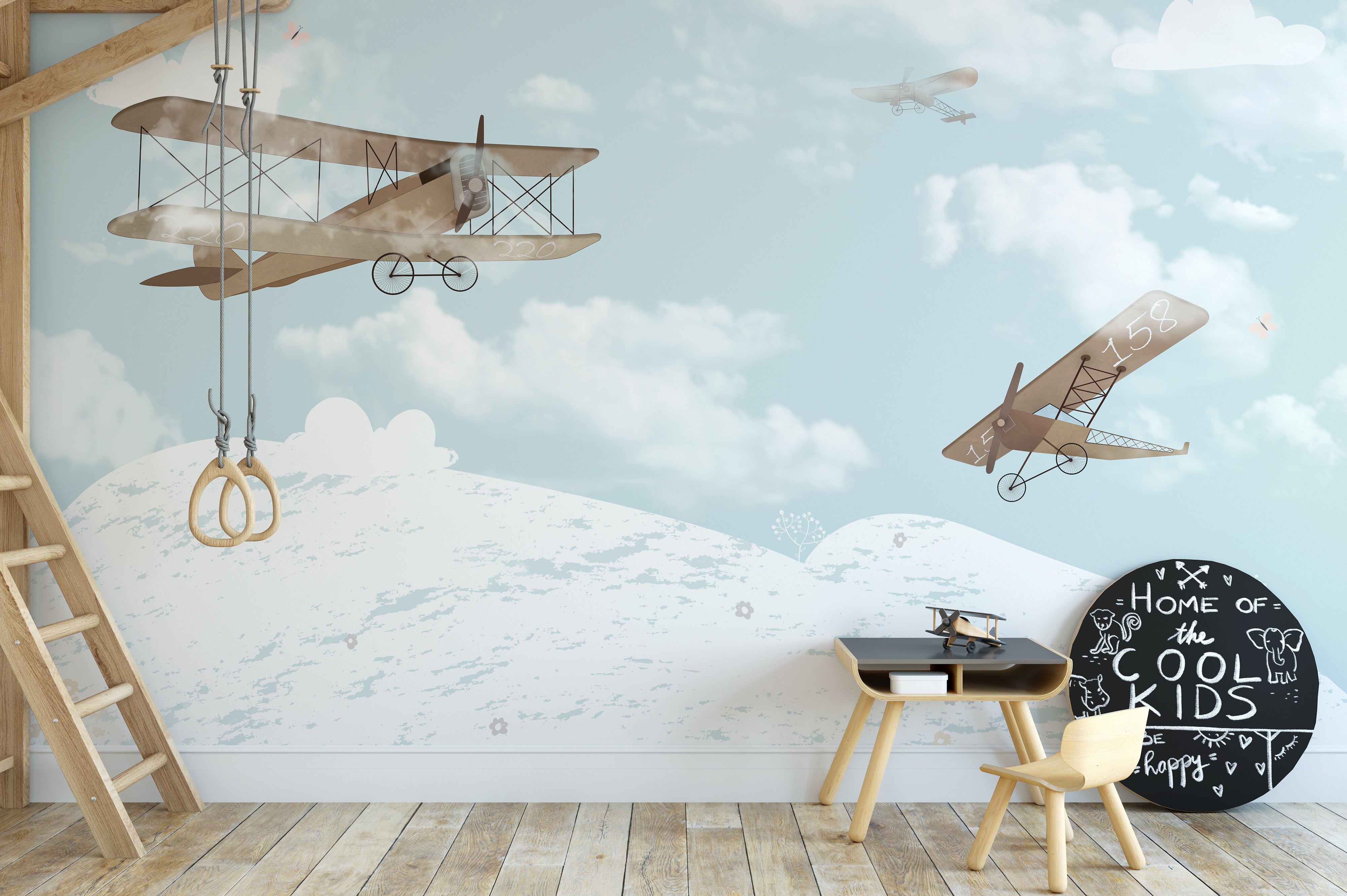 Playful kids' mural with a lively sky adventures theme.
