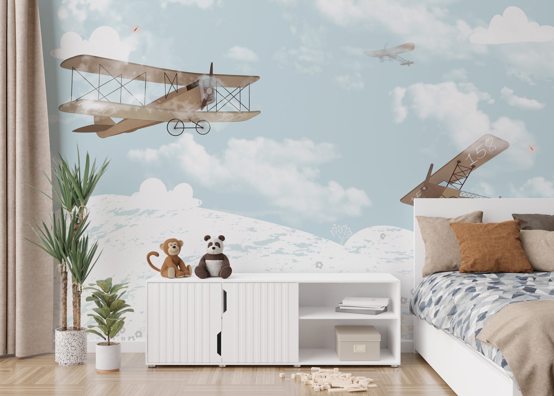 Cheerful sky adventures wallpaper for kids' creative spaces.
