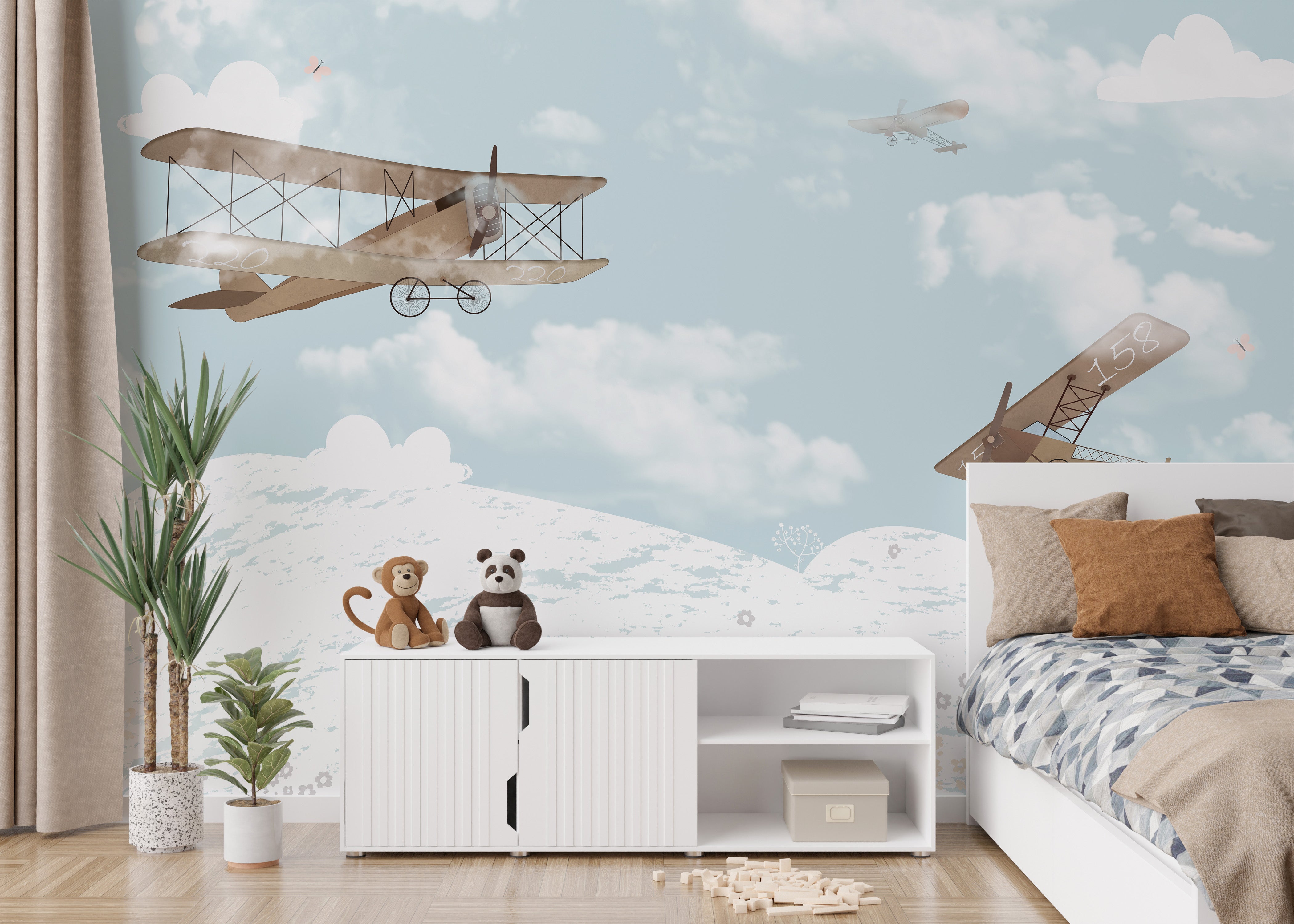 Cheerful sky adventures wallpaper for kids' creative spaces.
