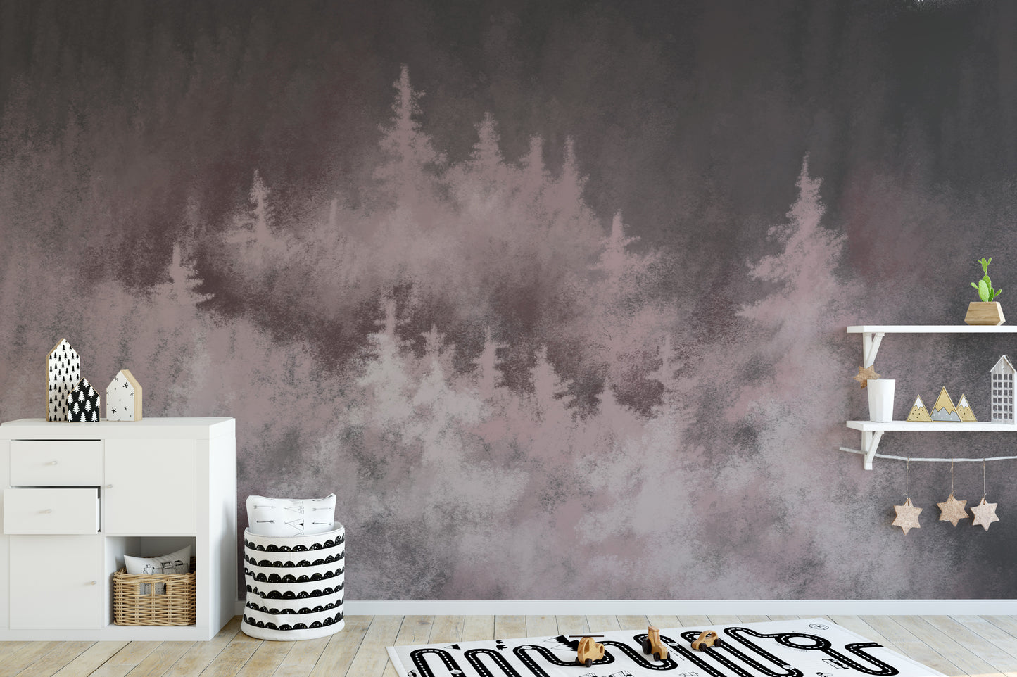 Captivating rose-tinted forest mural for elegant interiors.