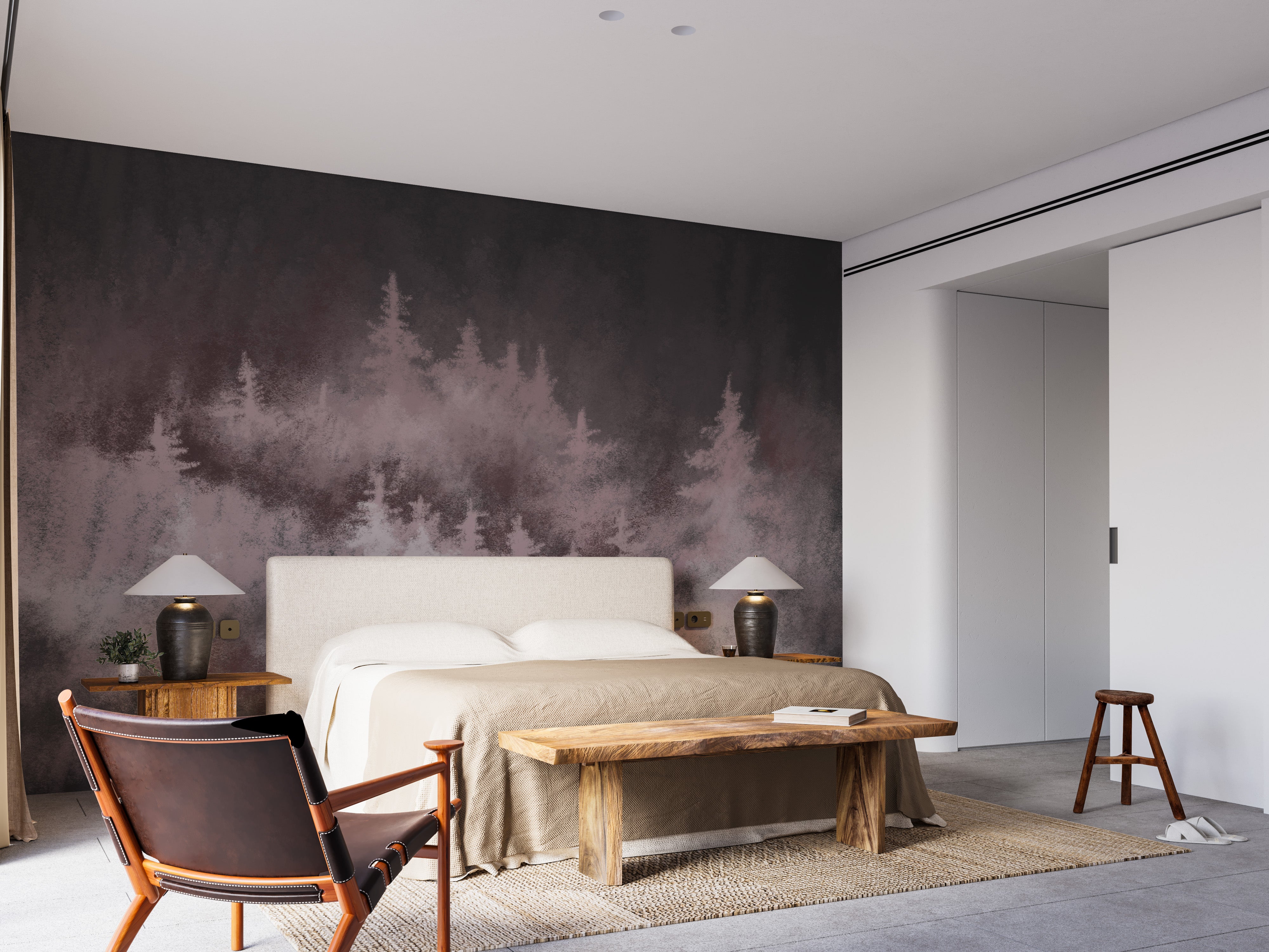 Enchanting rose-tinted woodland mural with soft pastel hues.
