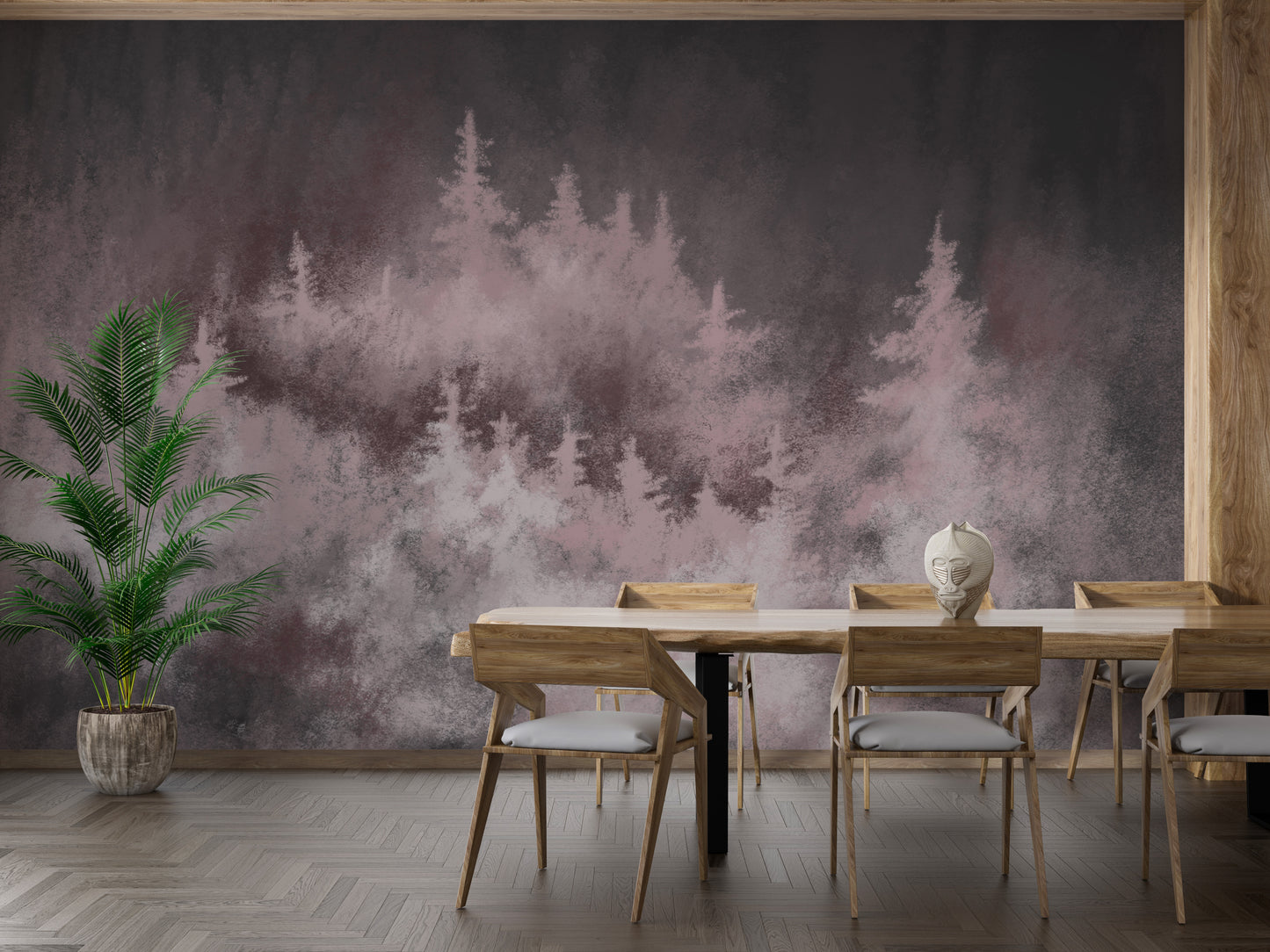 Elegant woodland wall mural featuring rose-hued scenery.