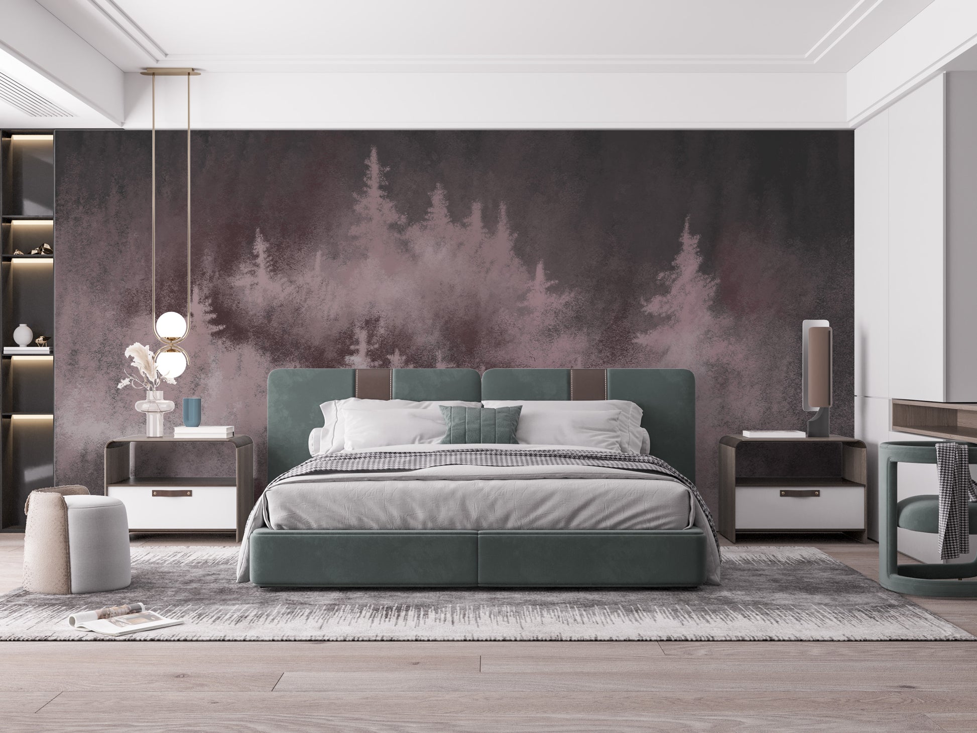 Rose-tinted forest mural for a peaceful and refined decor.
