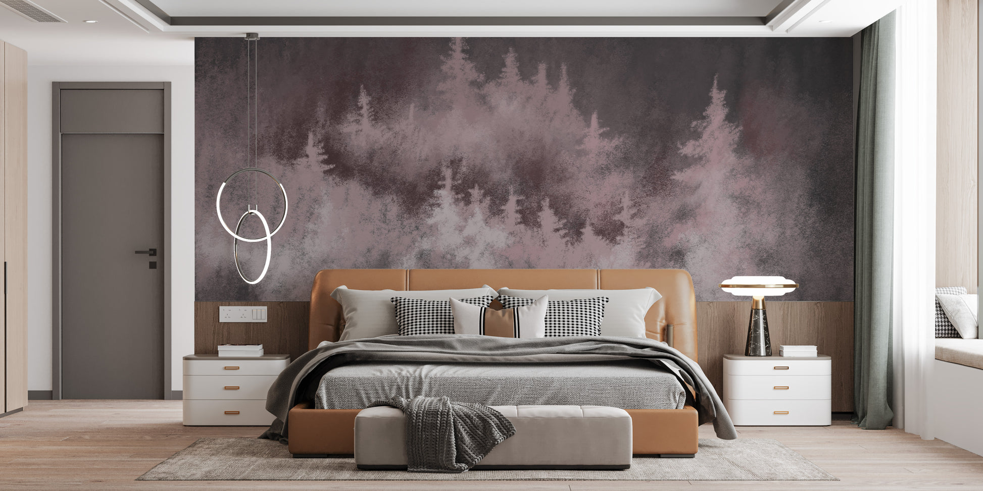 Dreamy woodland wall mural in soft rose tones.
