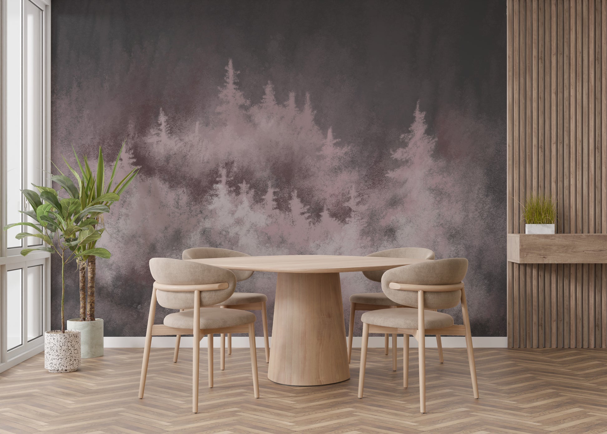 Rose-tinted mural with a magical woodland landscape design.
