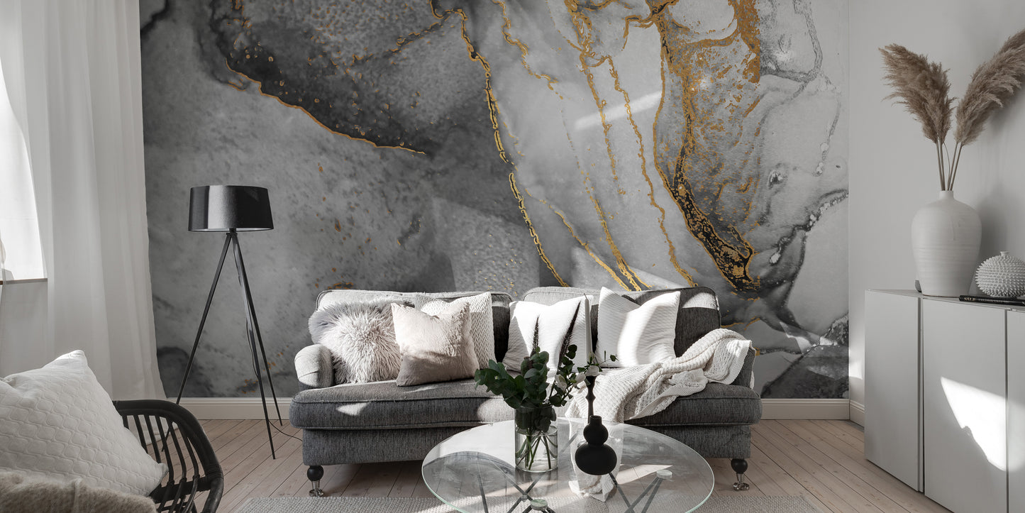 Black gold ink mural creating a luxurious wall aesthetic.
