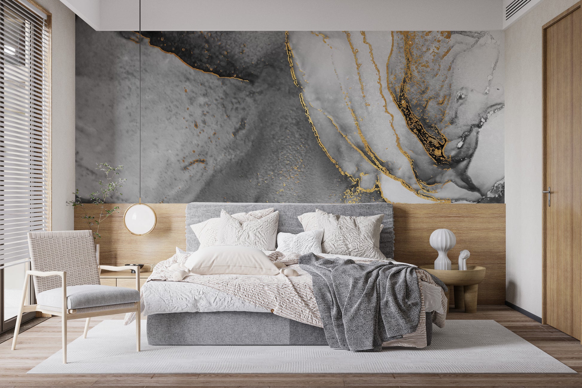 Abstract ink fusion mural with striking black and gold accents.
