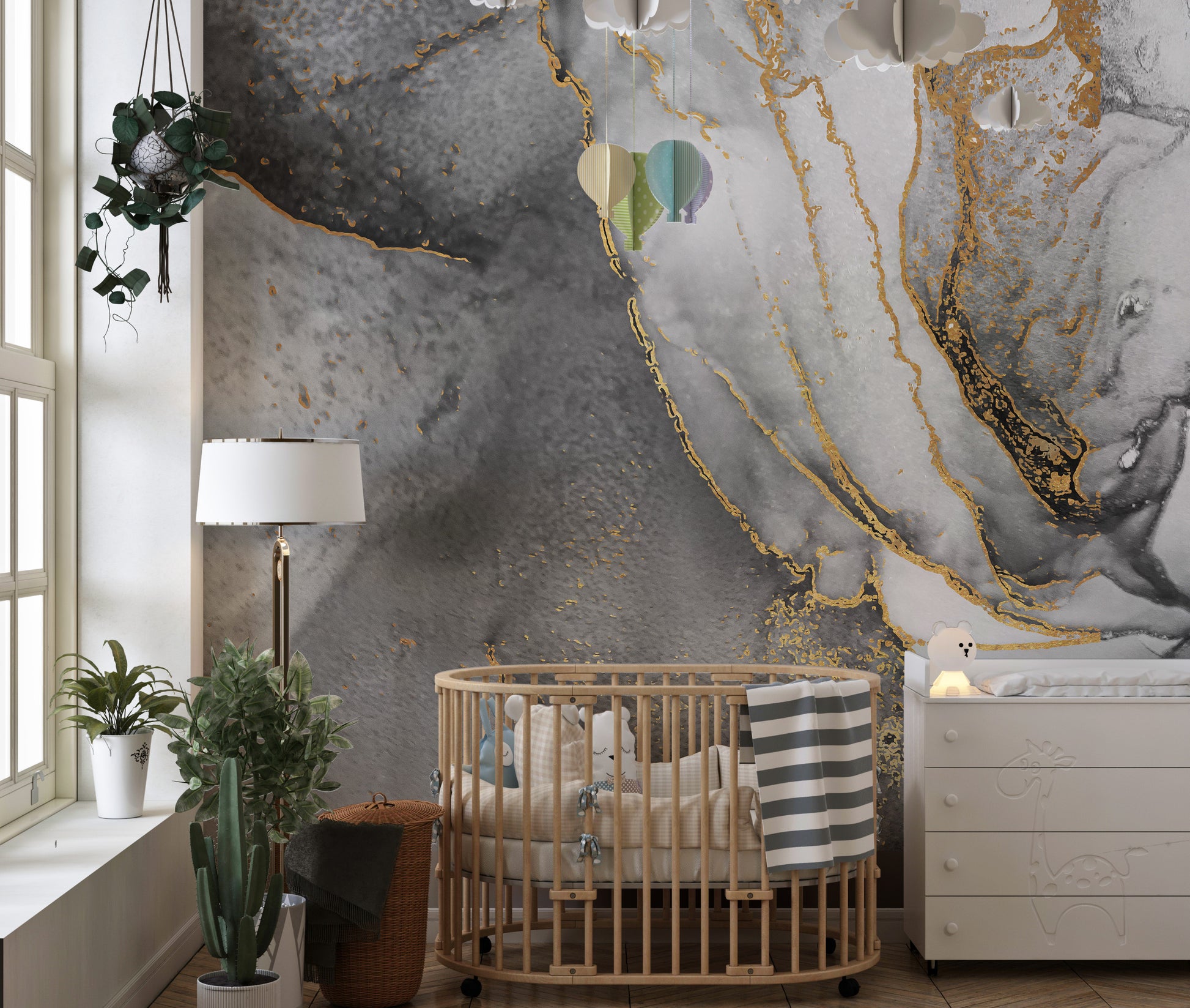 Abstract mural with black and gold ink fusion for stylish walls.
