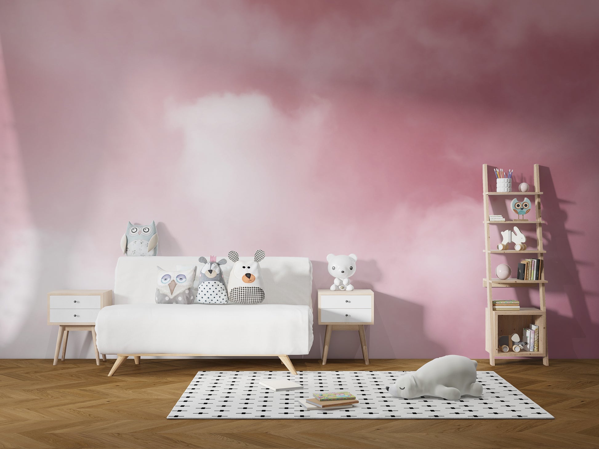 Misty pink clouds mural offering a serene and dreamy vibe.
