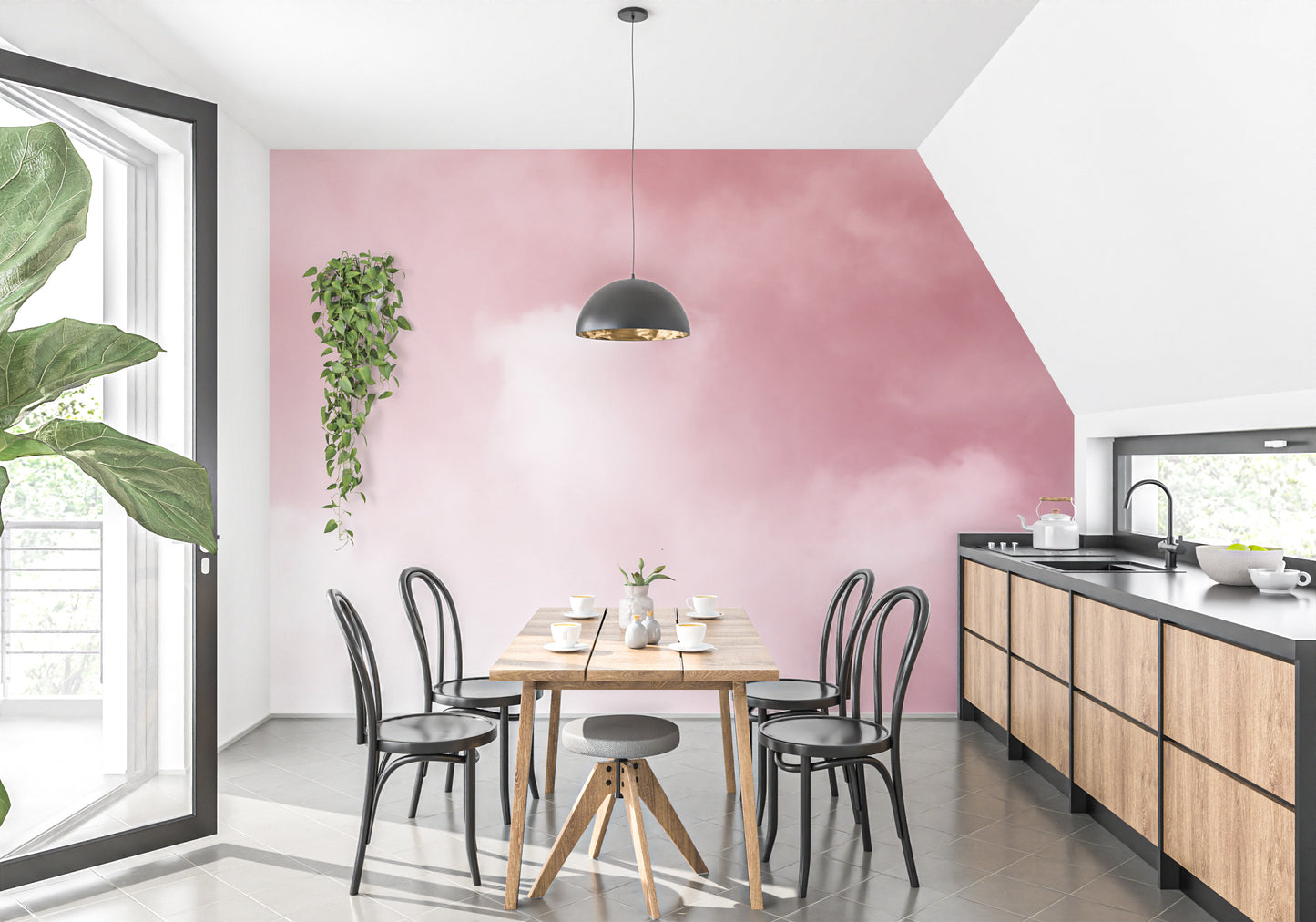 Elegant pink cloudscape mural for sophisticated bedroom walls.
