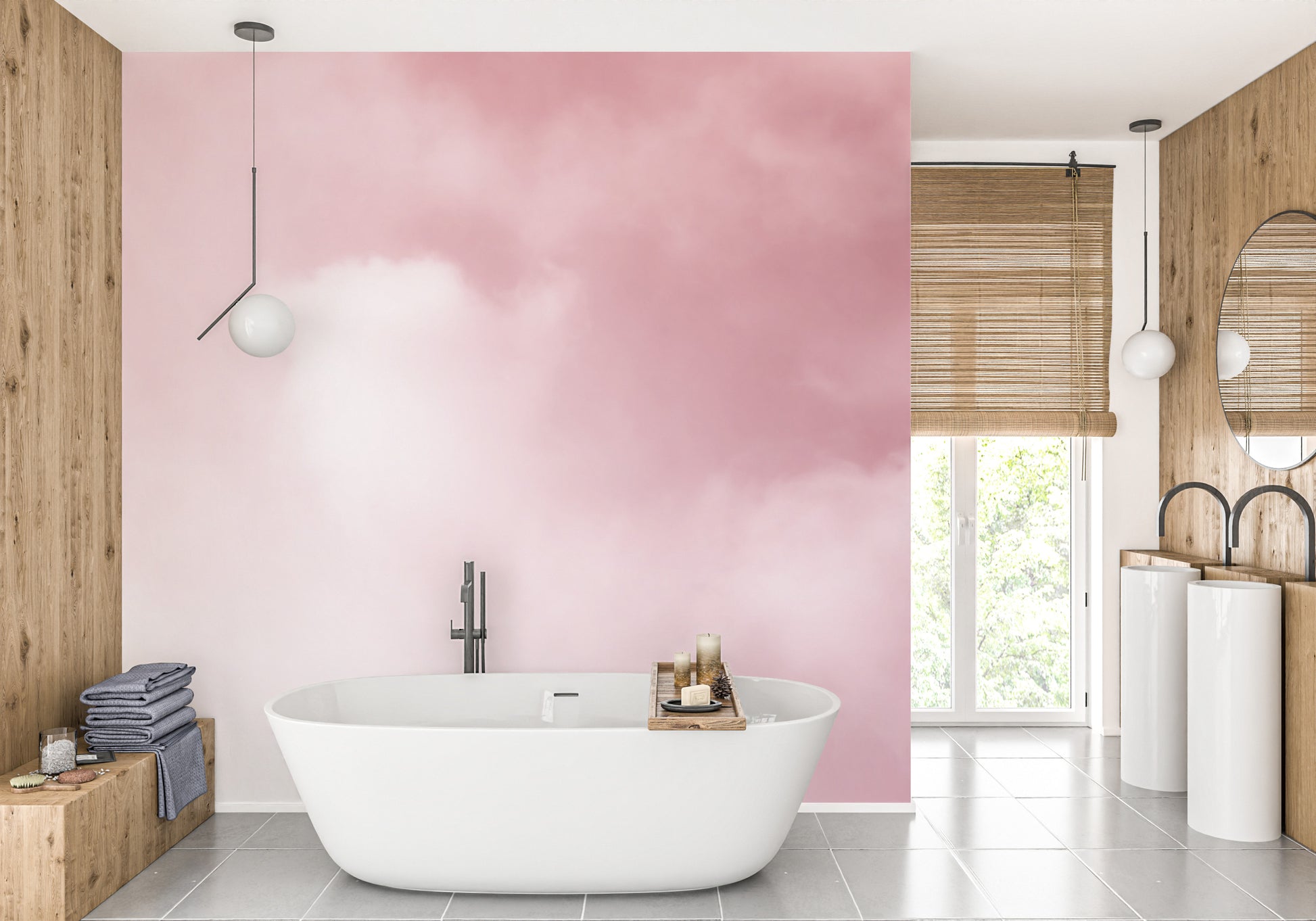 Tranquil pink cloud mural for a calming bedroom atmosphere.
