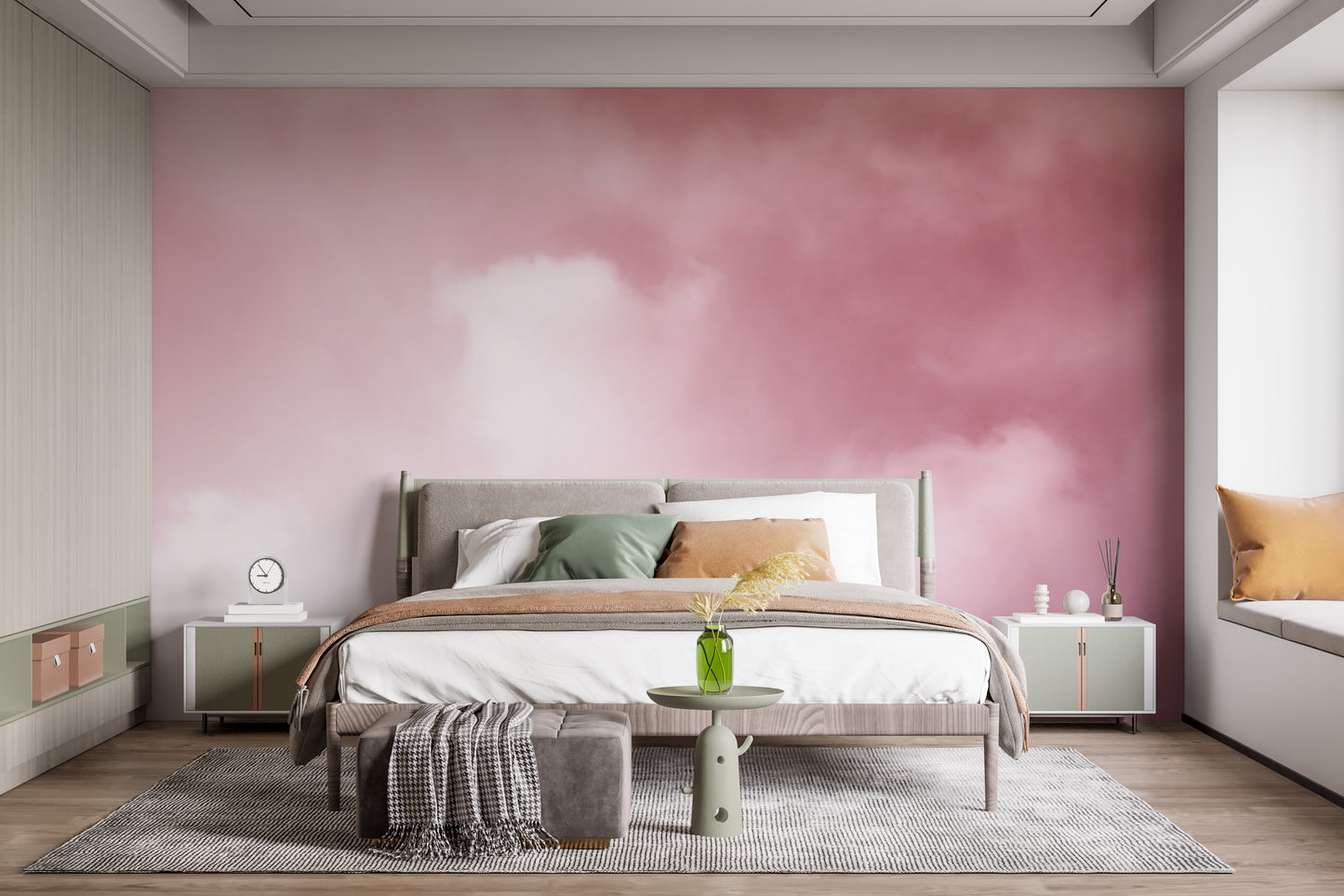 Misty clouds wall mural with soft pink tones for bedrooms.
