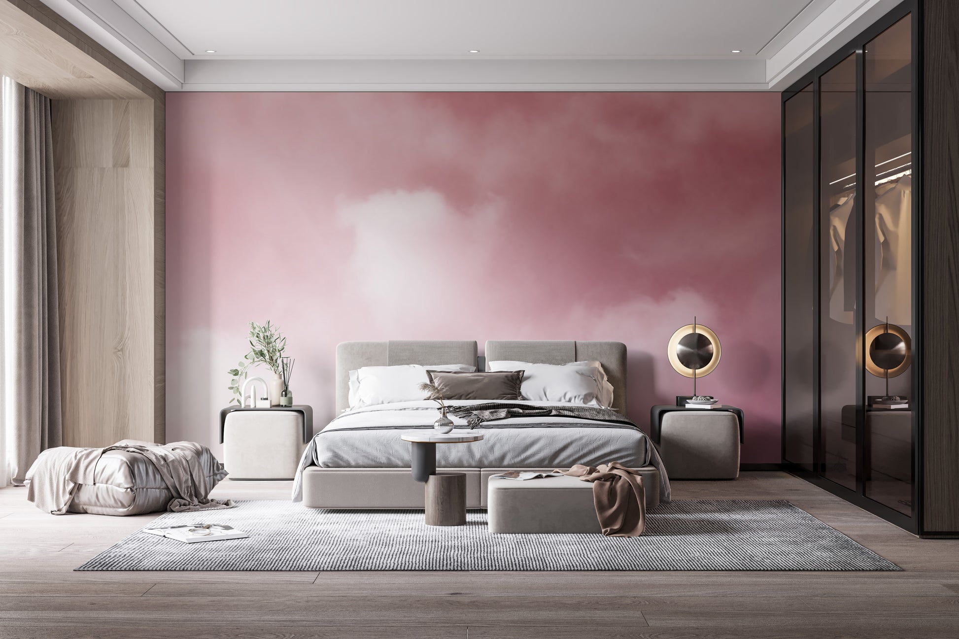 Ethereal pink clouds mural for a dreamy bedroom retreat.
