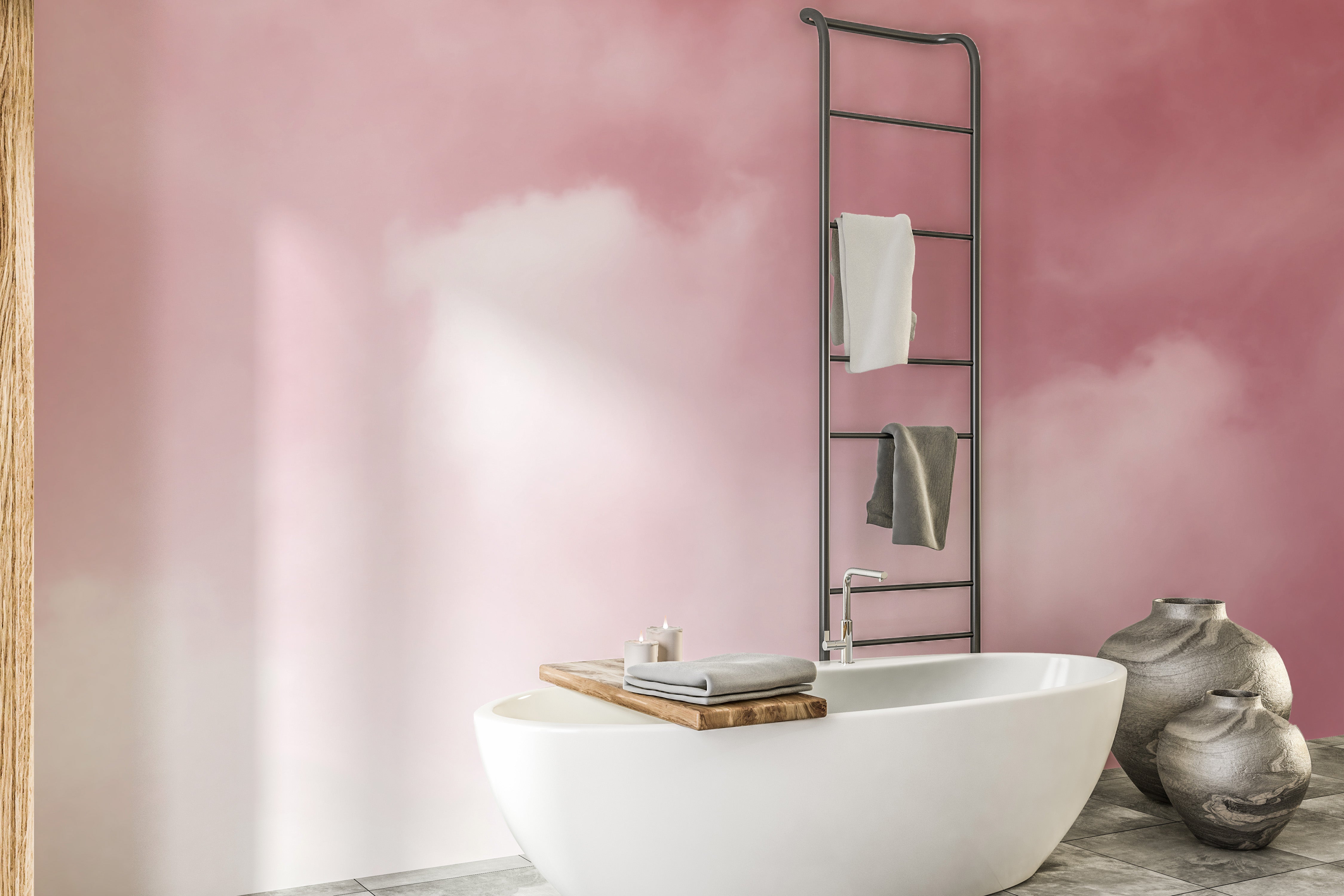 Misty pink clouds mural adding elegance to bedroom walls.
