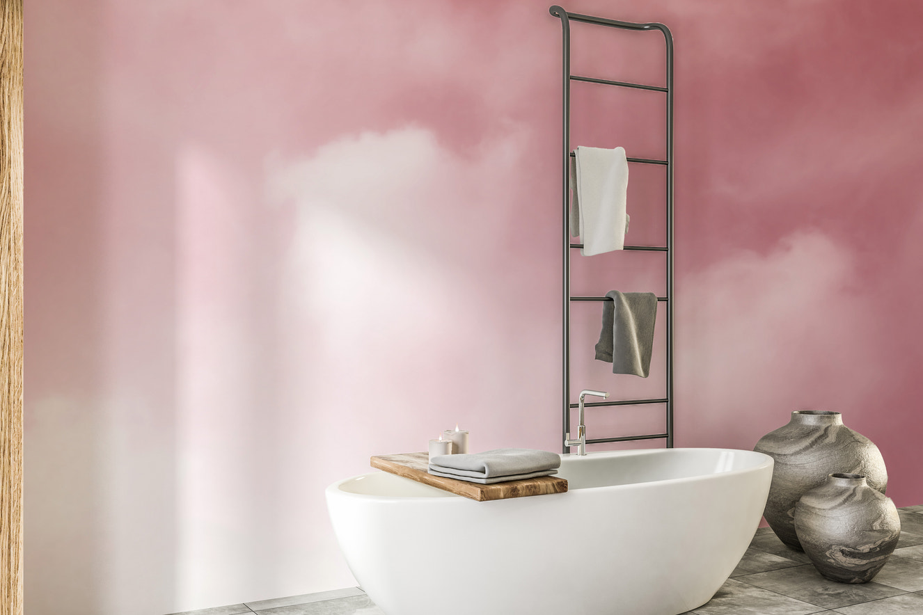 Soft pink watercolor brushstrokes mural for elegant walls.
