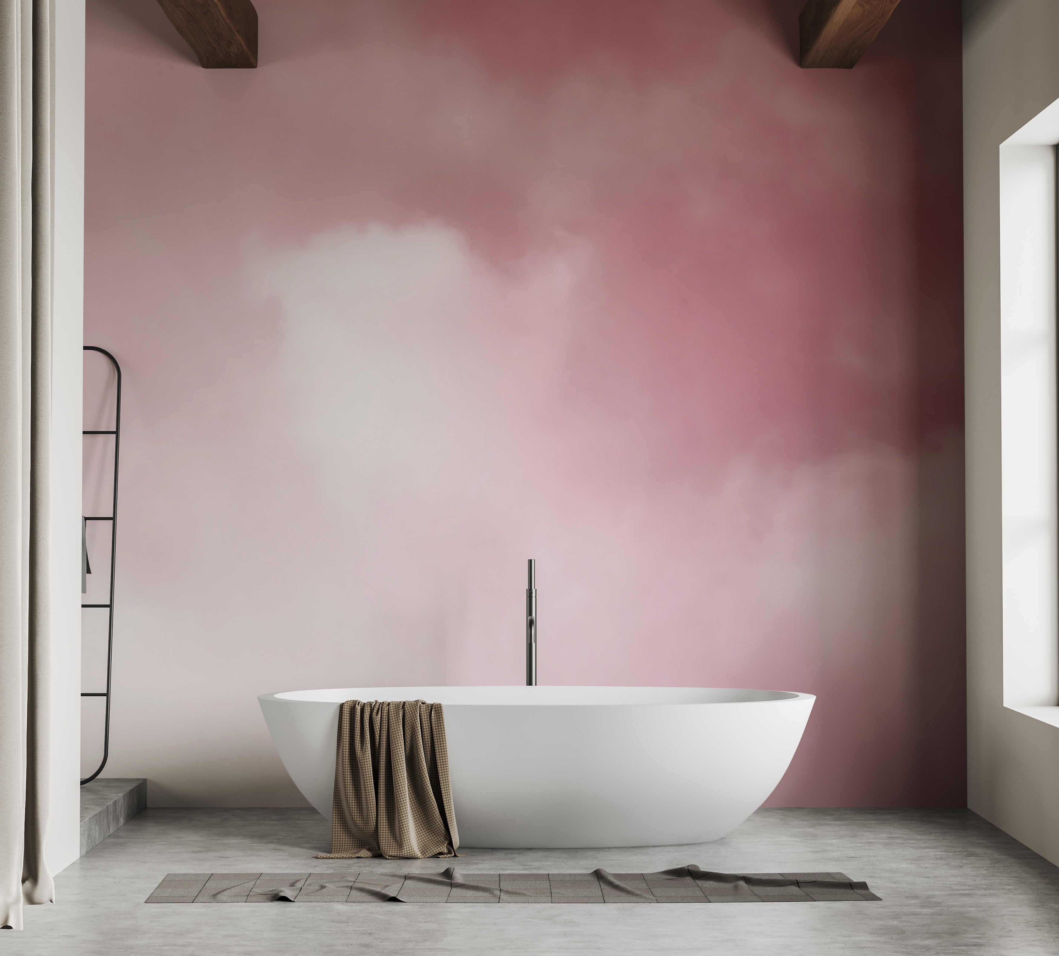 Misty pink clouds wall mural creating a peaceful ambiance.
