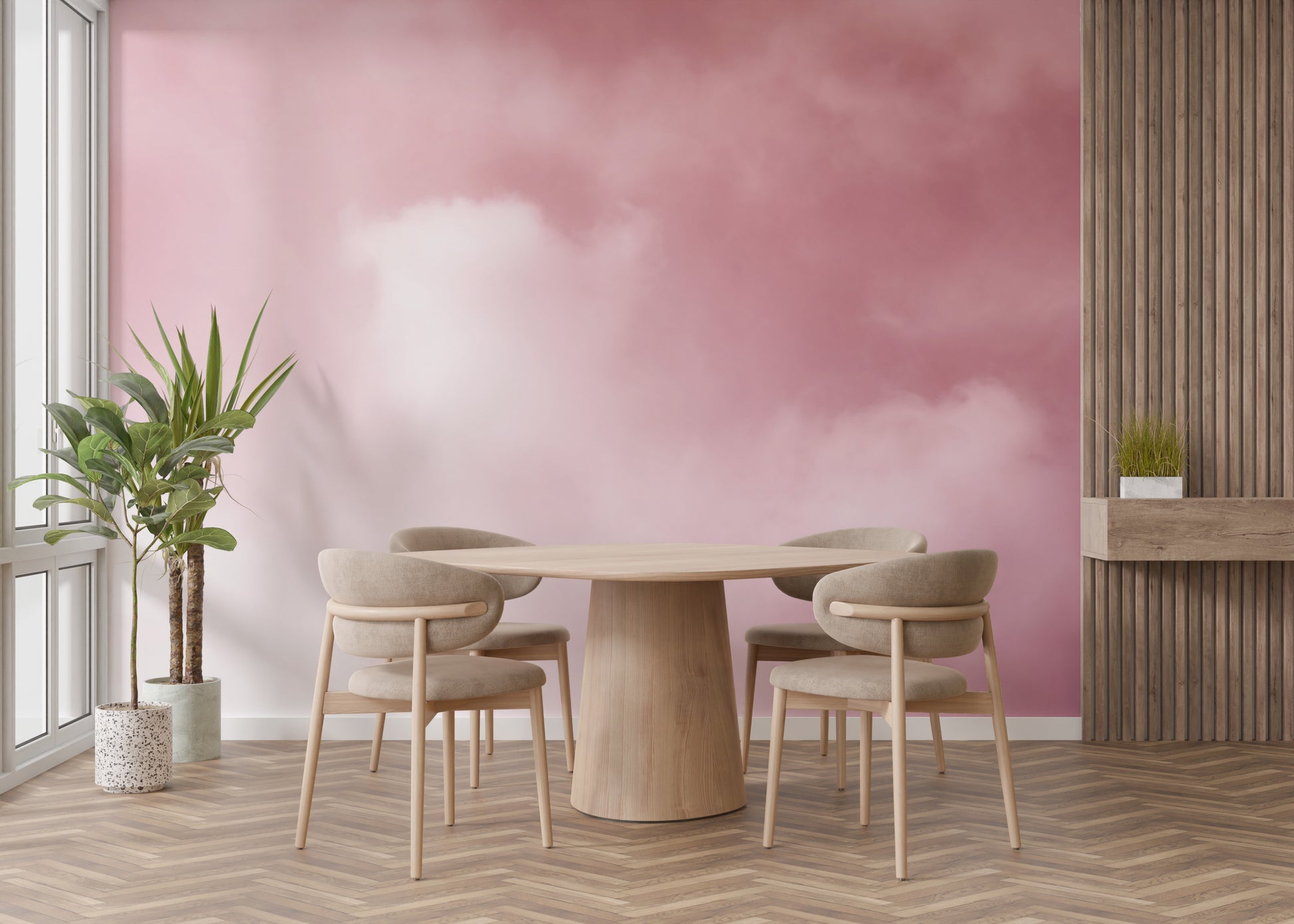 Dreamy misty pink clouds mural for serene bedroom decor.
