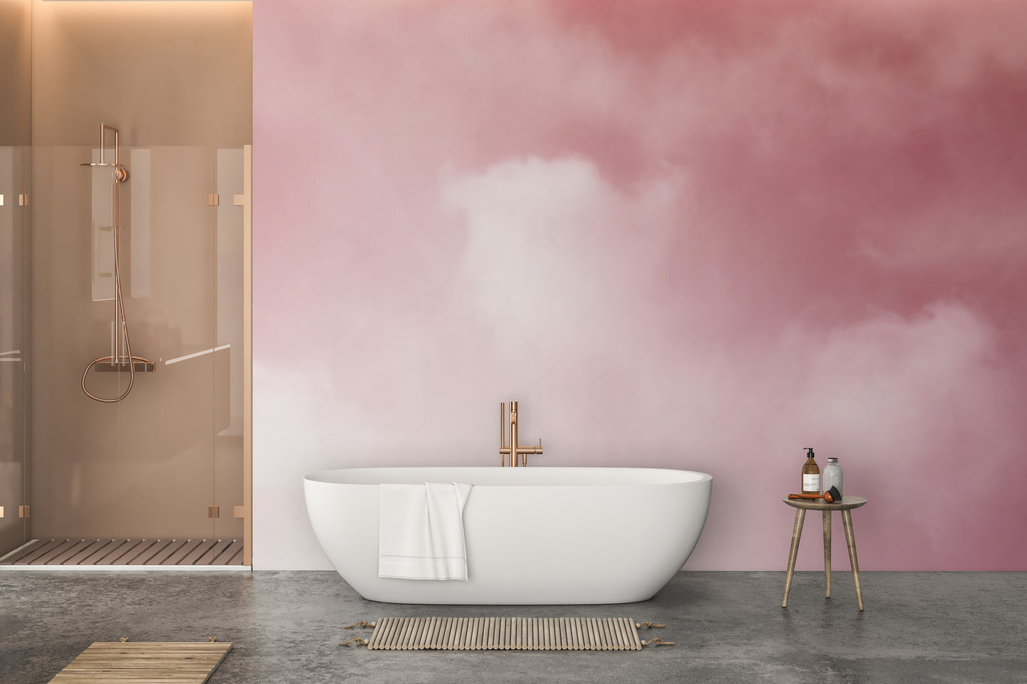 Artistic watercolor mural with delicate pink brushstrokes.
