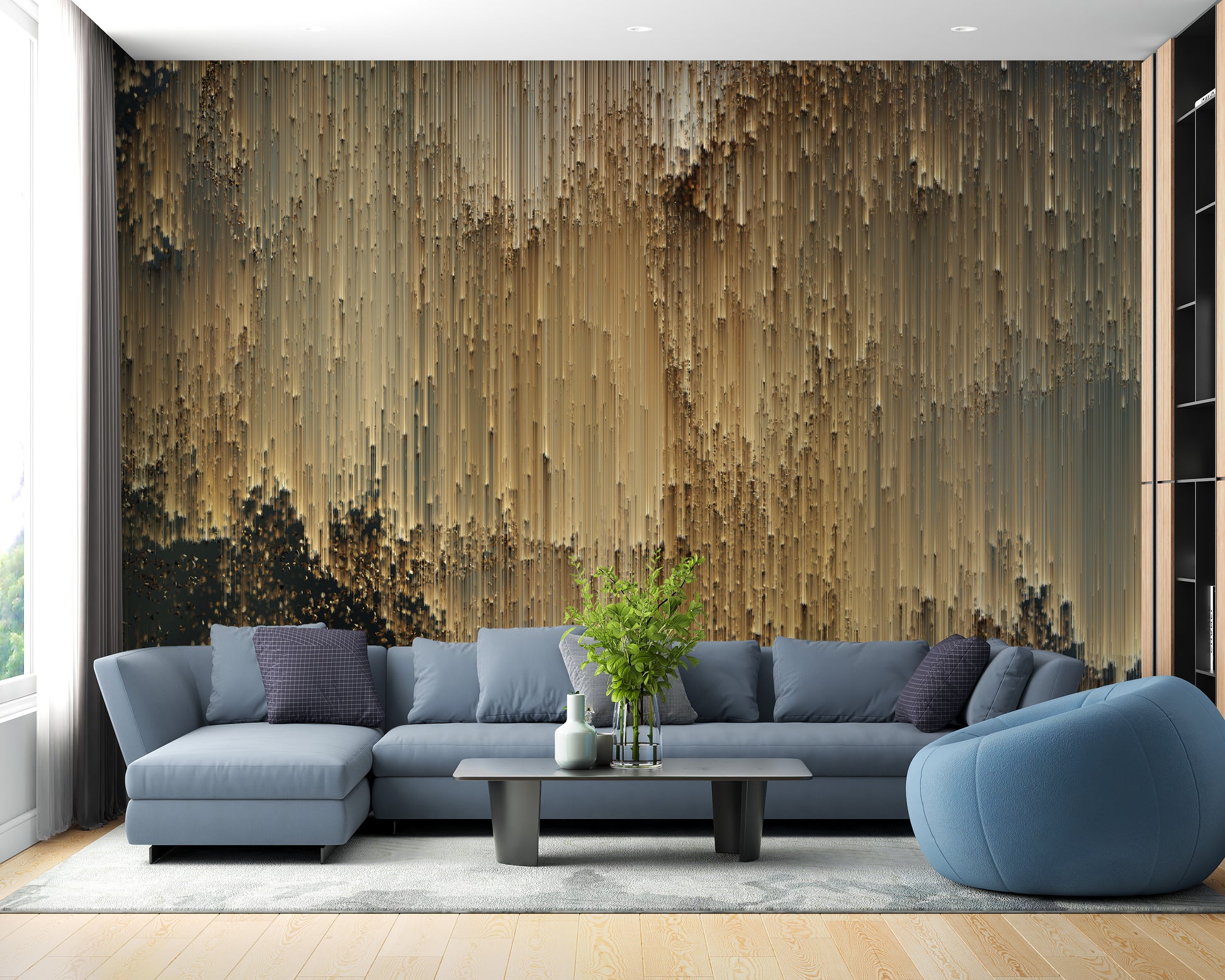 Luxurious golden pixel mural for stylish removable wall decor.
