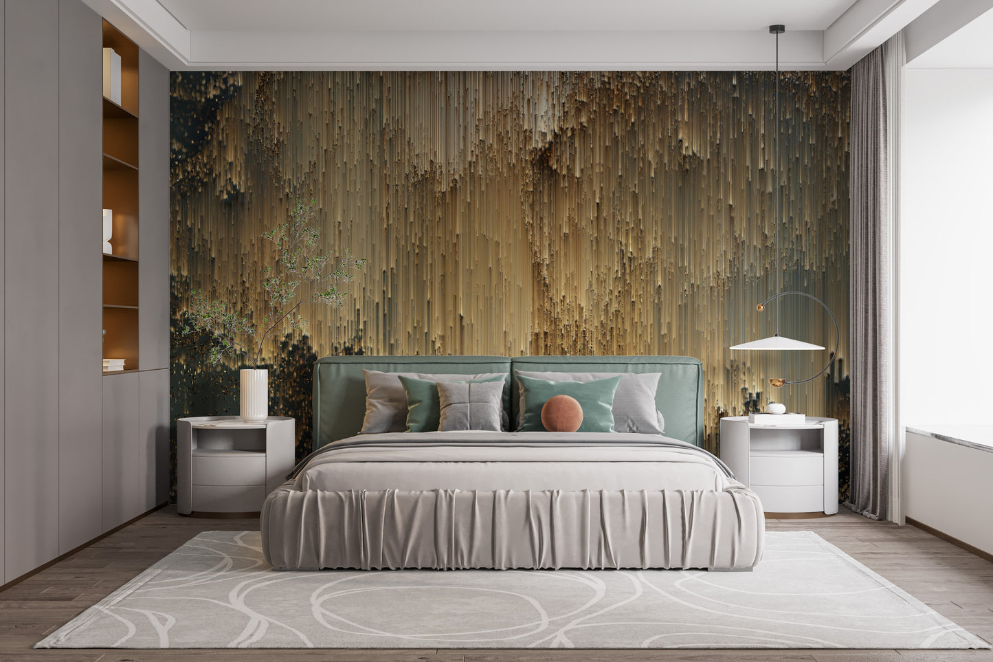 Golden pixel wall mural with a modern and artistic flair.
