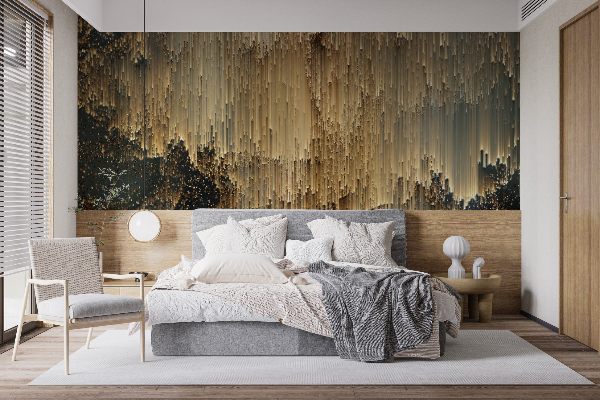 Removable golden pixel mural perfect for glamorous spaces.
