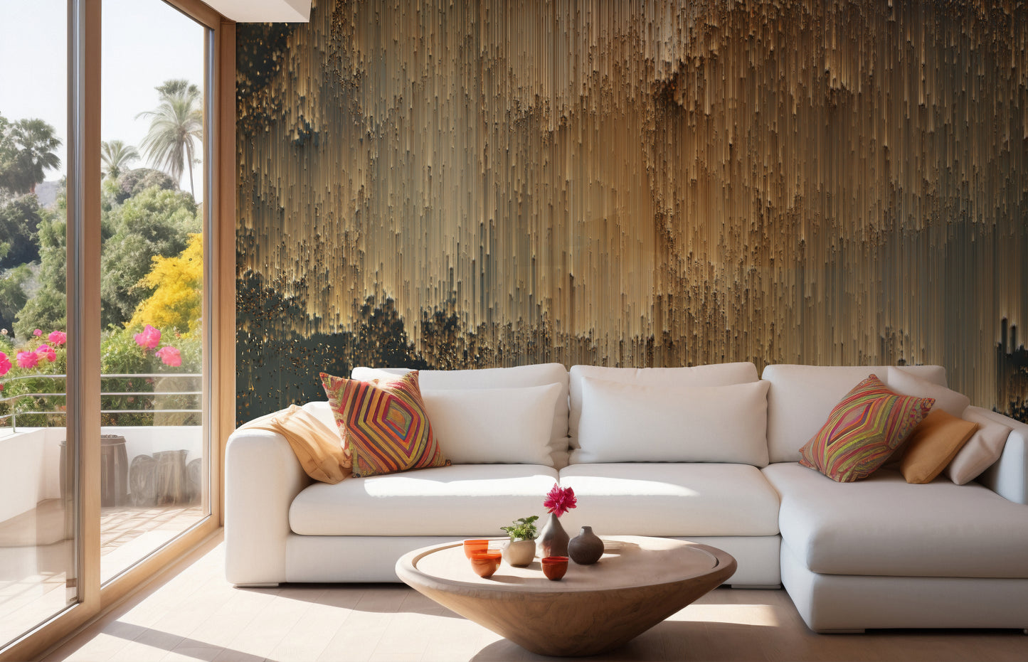 Golden pixel mural creating a sophisticated wall ambiance.
