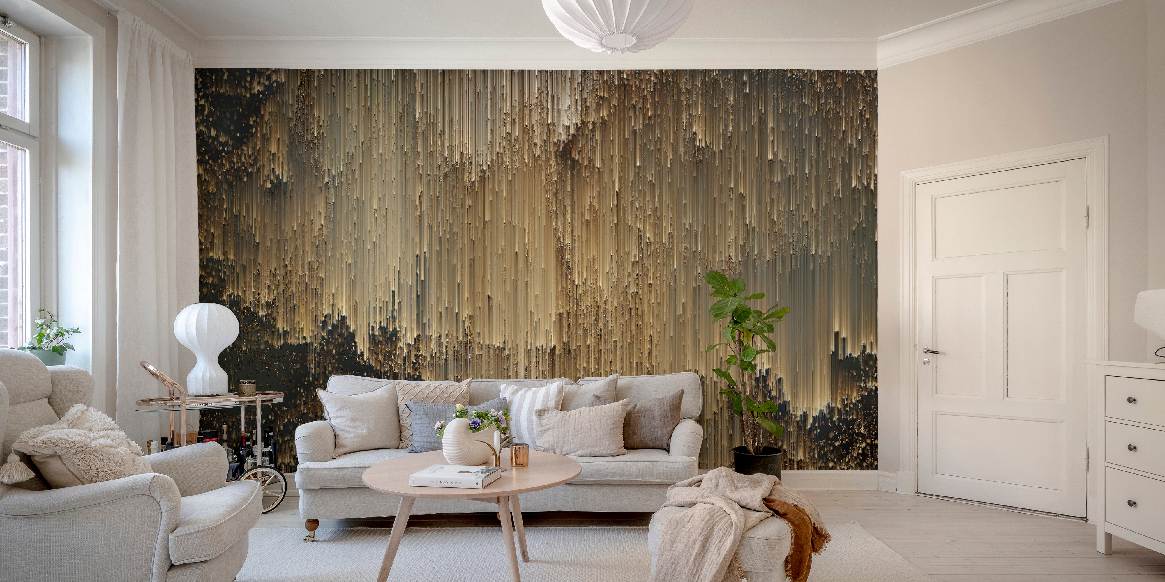 Abstract golden pixel wall mural for a chic and elegant look.
