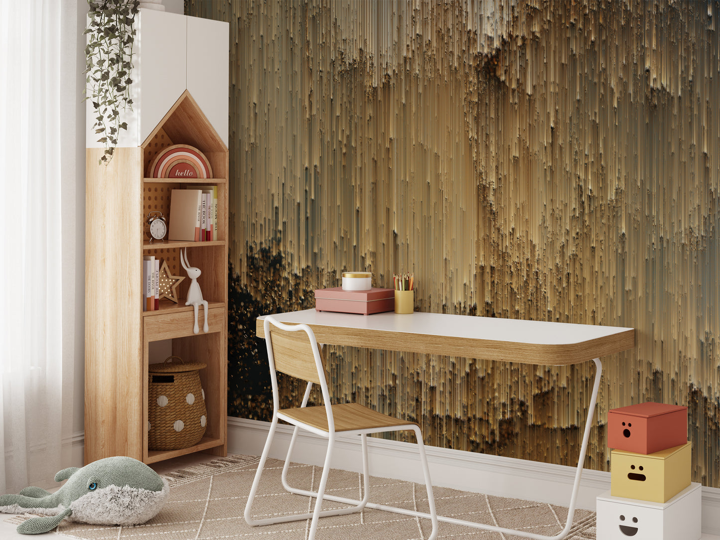 Golden pixel bliss mural with shimmering modern design.
