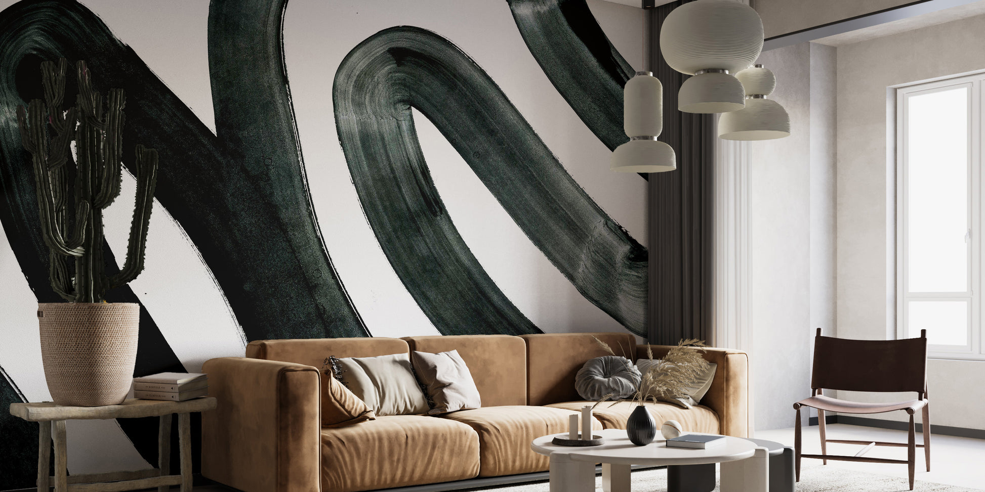 Abstract mural featuring striking black ink fusion design.
