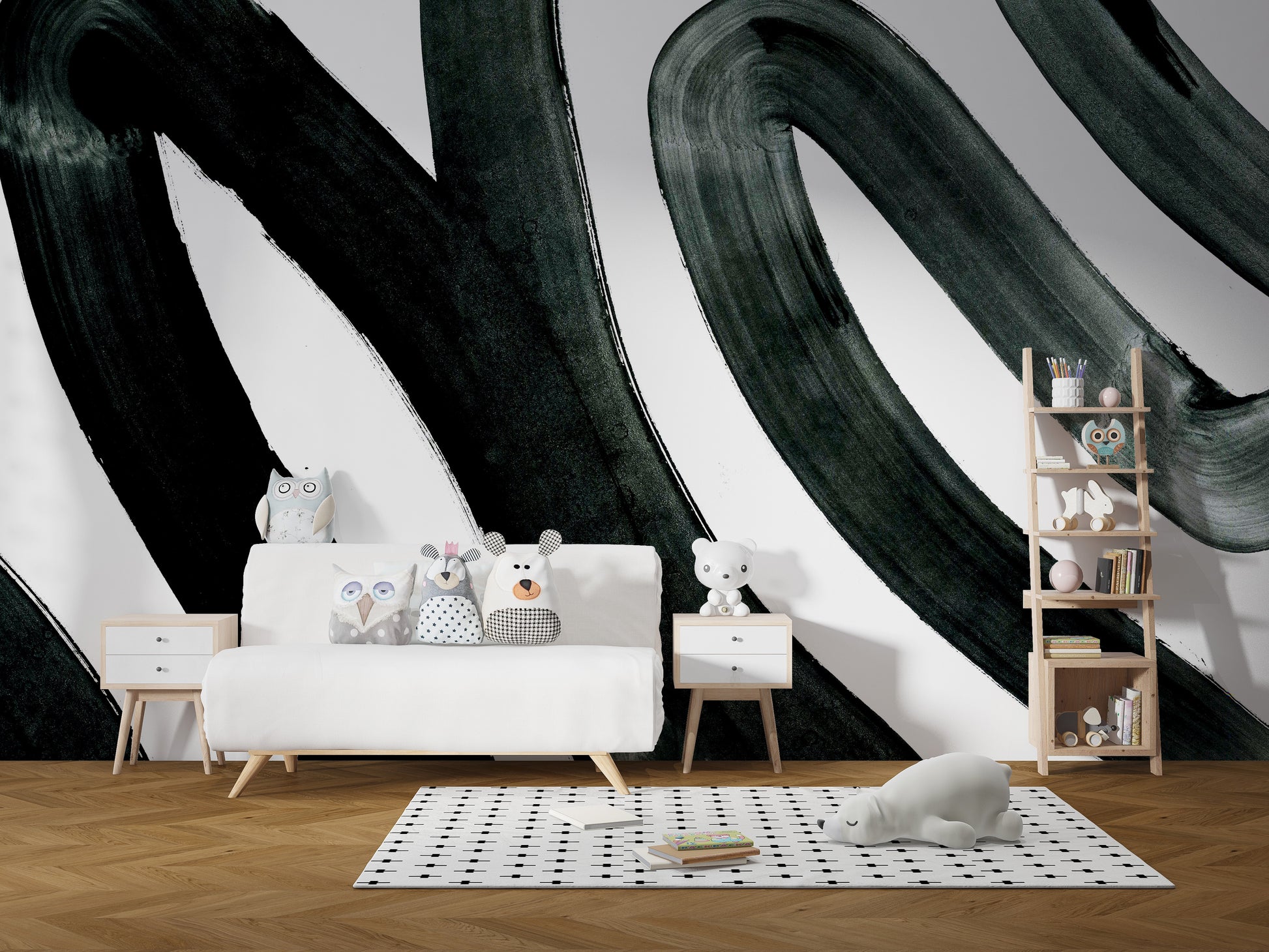 Bold abstract black ink mural for modern wall decor.
