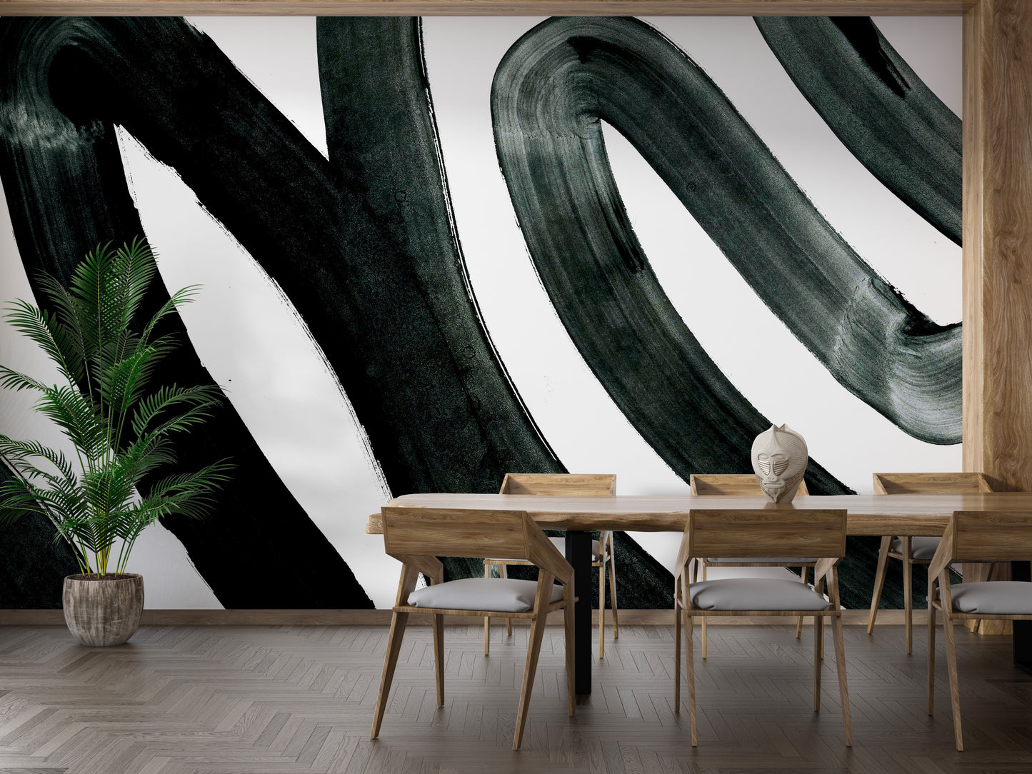 Abstract black ink fusion mural for sleek and modern walls.
