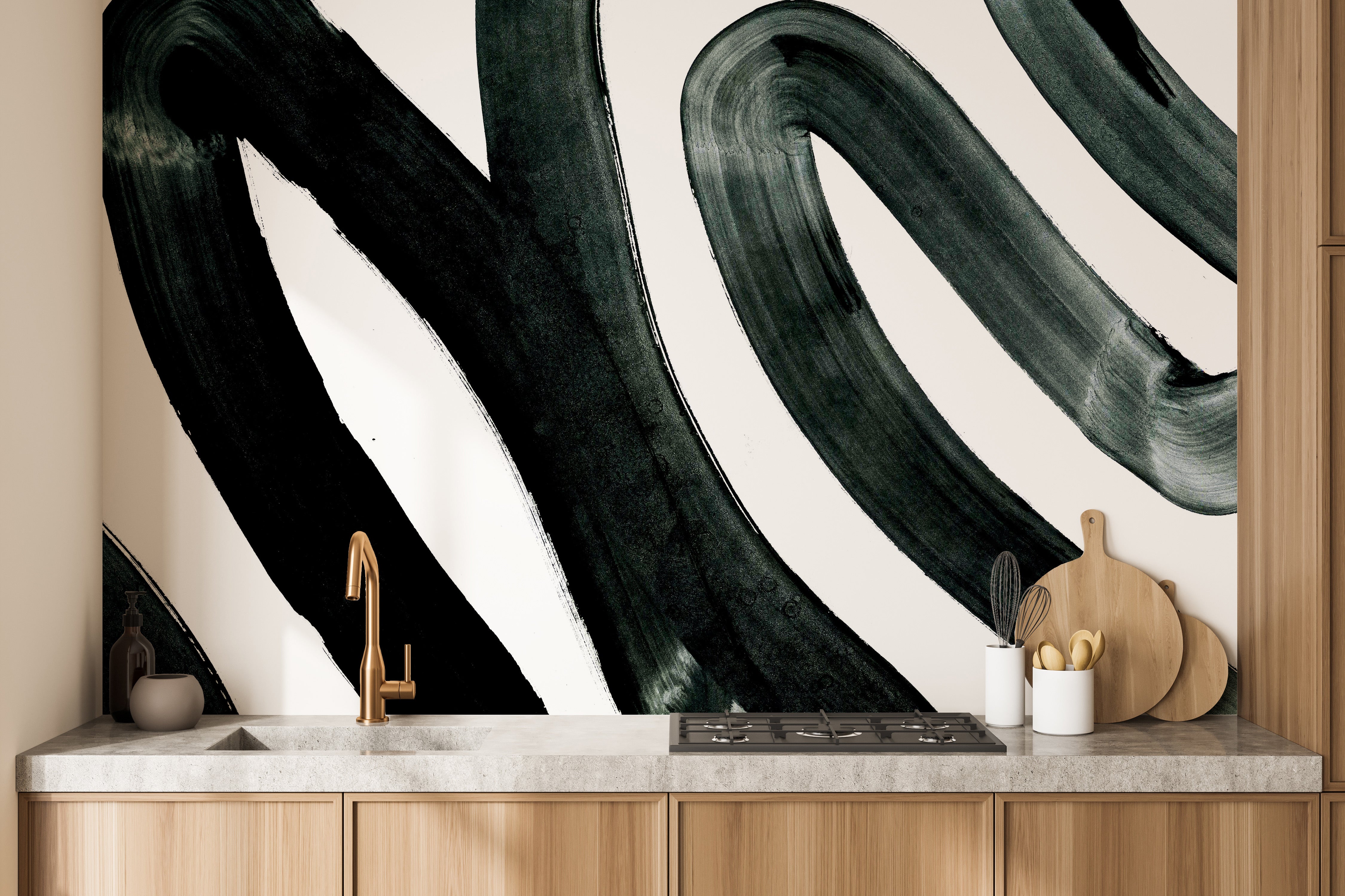 Black ink wall mural showcasing an artistic abstract theme.
