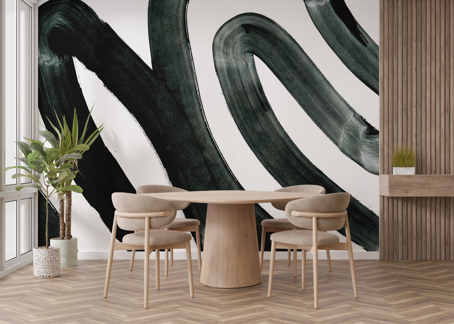 Abstract black ink mural creating a dramatic wall statement.
