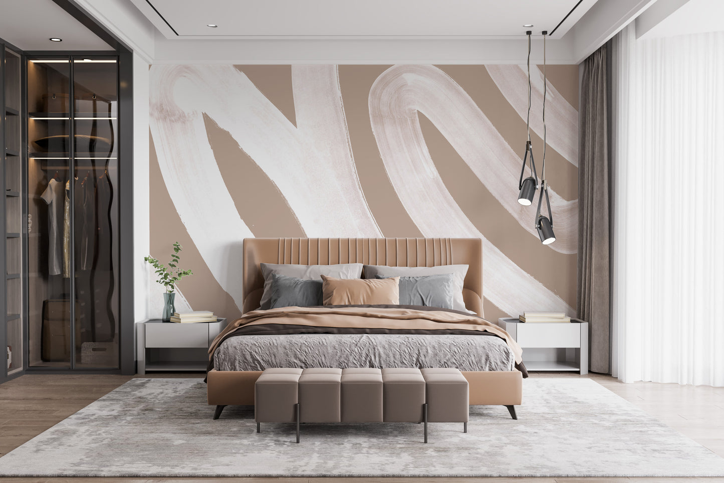 Dynamic white wave design mural for contemporary walls.
