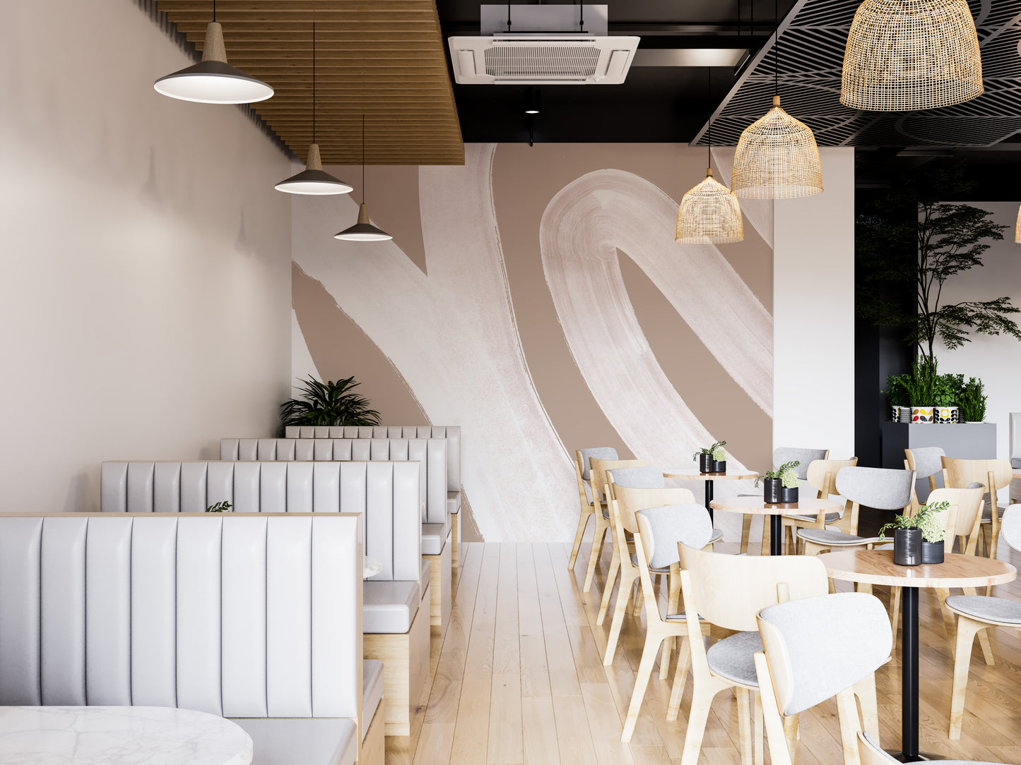 Abstract mural featuring soft, white wave patterns.
